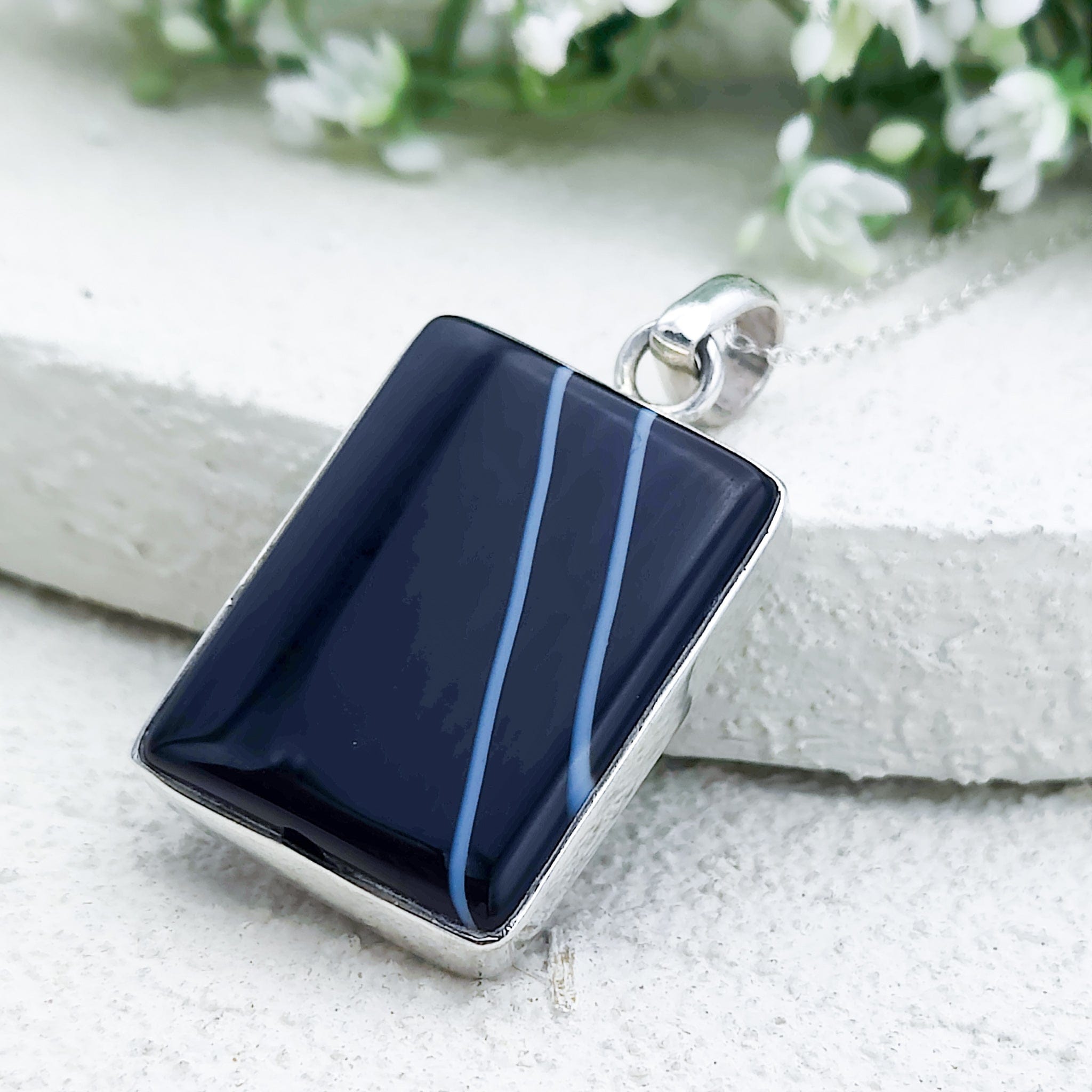 Hepburn and Hughes Banded Black Onyx Pendant | 30mm Rectangle | July Birthstone | Sterling Silver