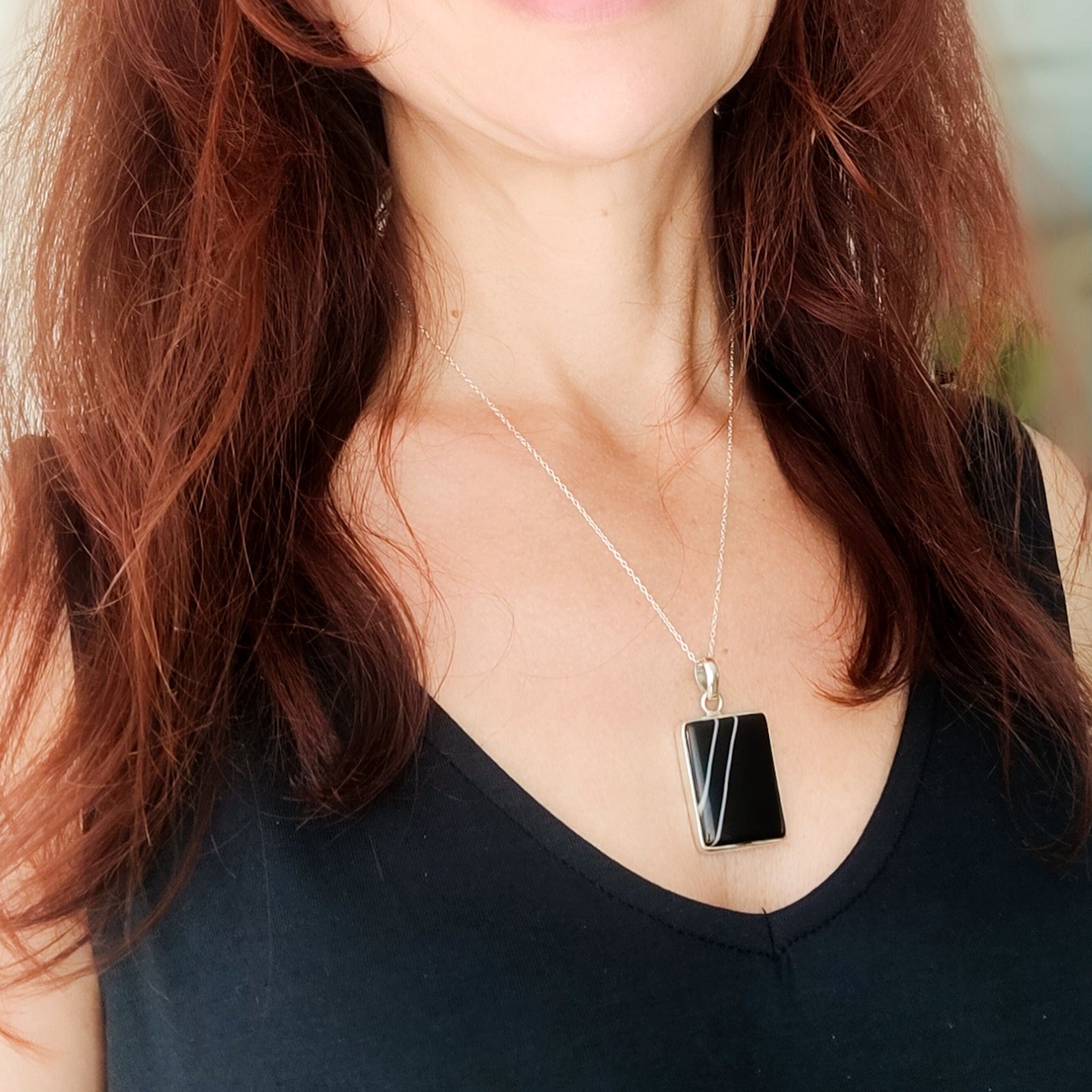 Hepburn and Hughes Banded Black Onyx Pendant | 30mm Rectangle | July Birthstone | Sterling Silver