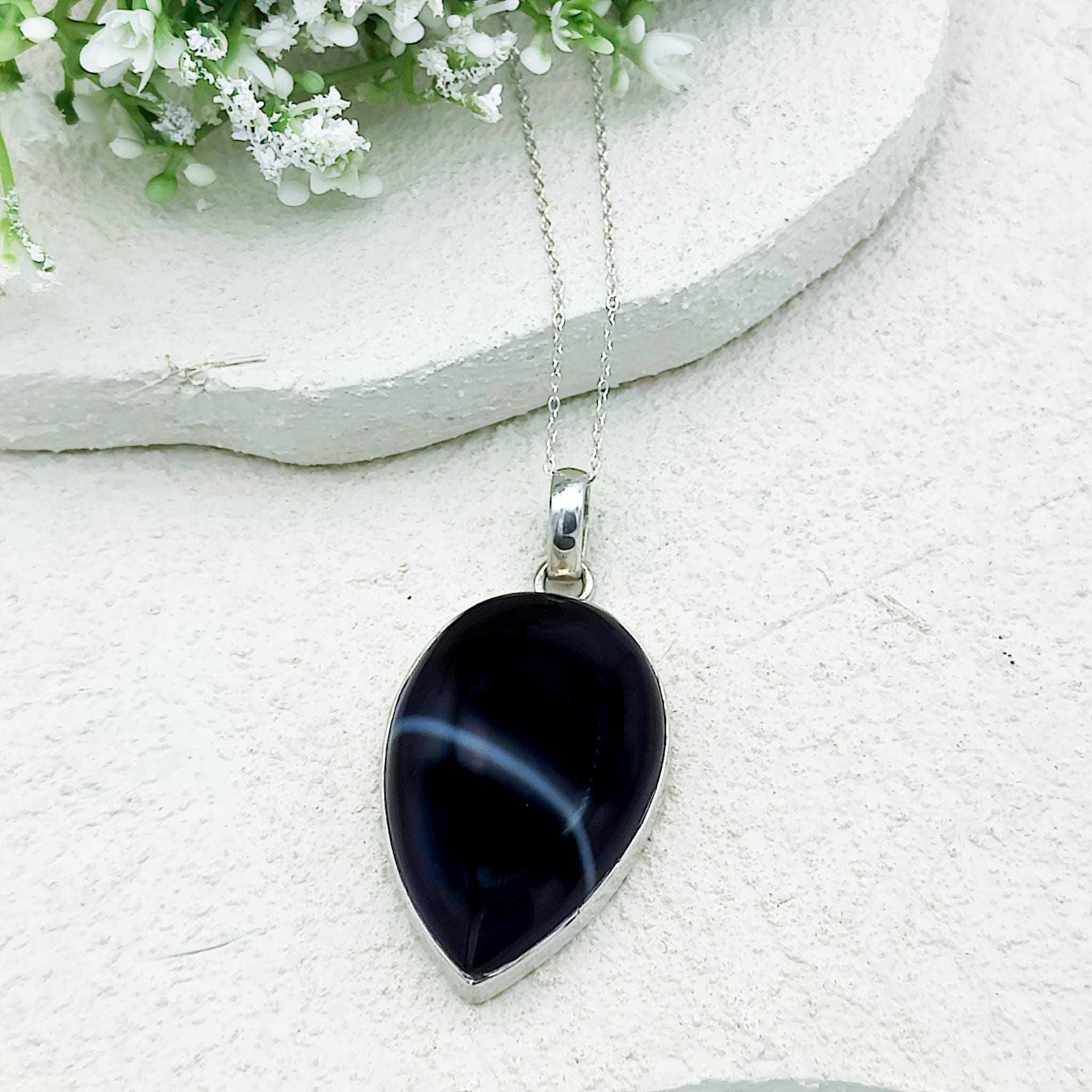Hepburn and Hughes Banded Black Onyx Pendant | 45mm Inverted Teardrop | July Birthday | Sterling Silver
