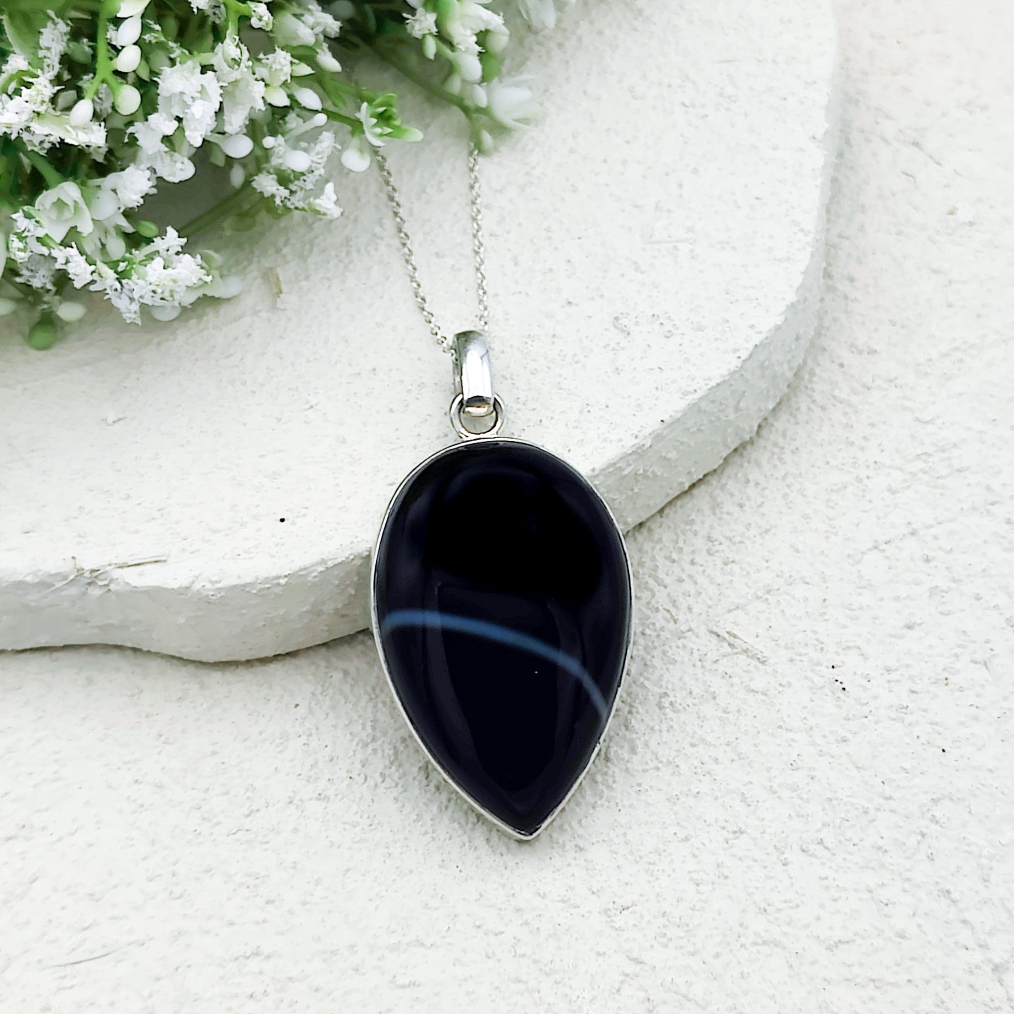 Hepburn and Hughes Banded Black Onyx Pendant | 45mm Inverted Teardrop | July Birthday | Sterling Silver