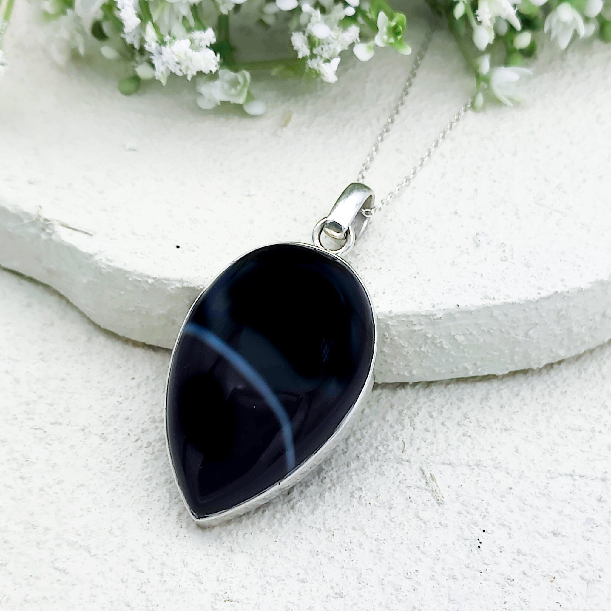 Hepburn and Hughes Banded Black Onyx Pendant | 45mm Inverted Teardrop | July Birthday | Sterling Silver
