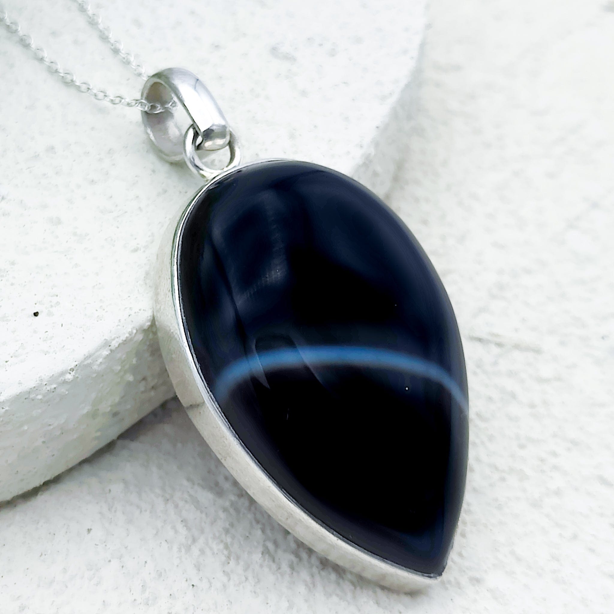 Hepburn and Hughes Banded Black Onyx Pendant | 45mm Inverted Teardrop | July Birthday | Sterling Silver
