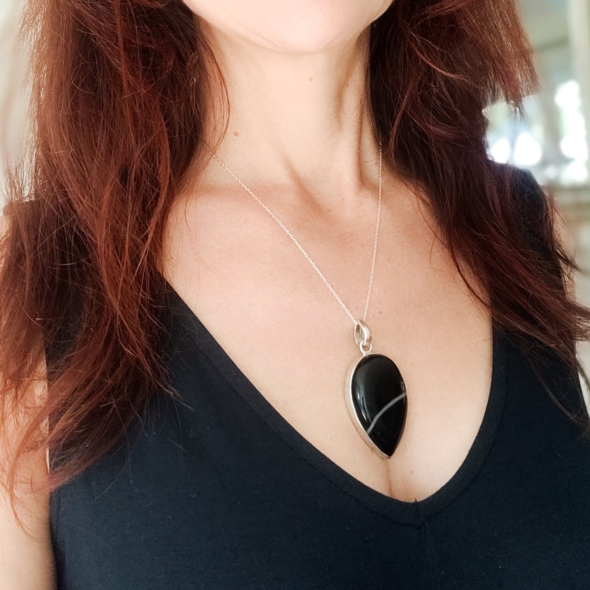Hepburn and Hughes Banded Black Onyx Pendant | 45mm Inverted Teardrop | July Birthday | Sterling Silver