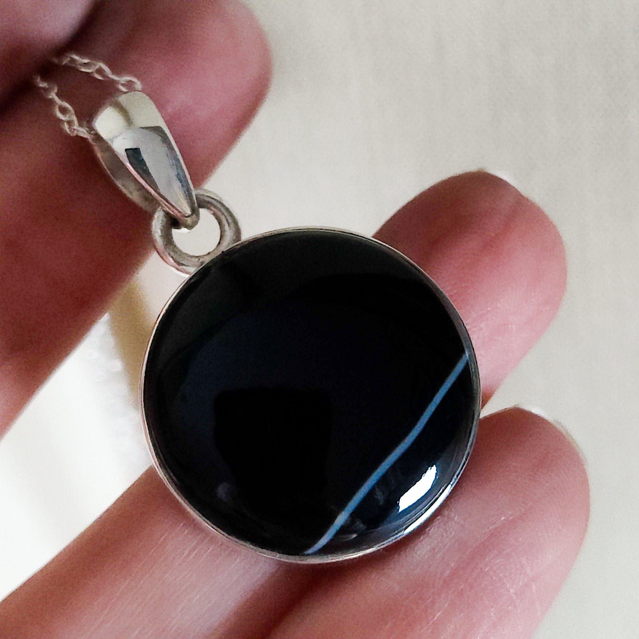 Hepburn and Hughes Banded Black Onyx Pendant | Circular Stone with White Stripe| Sterling Silver