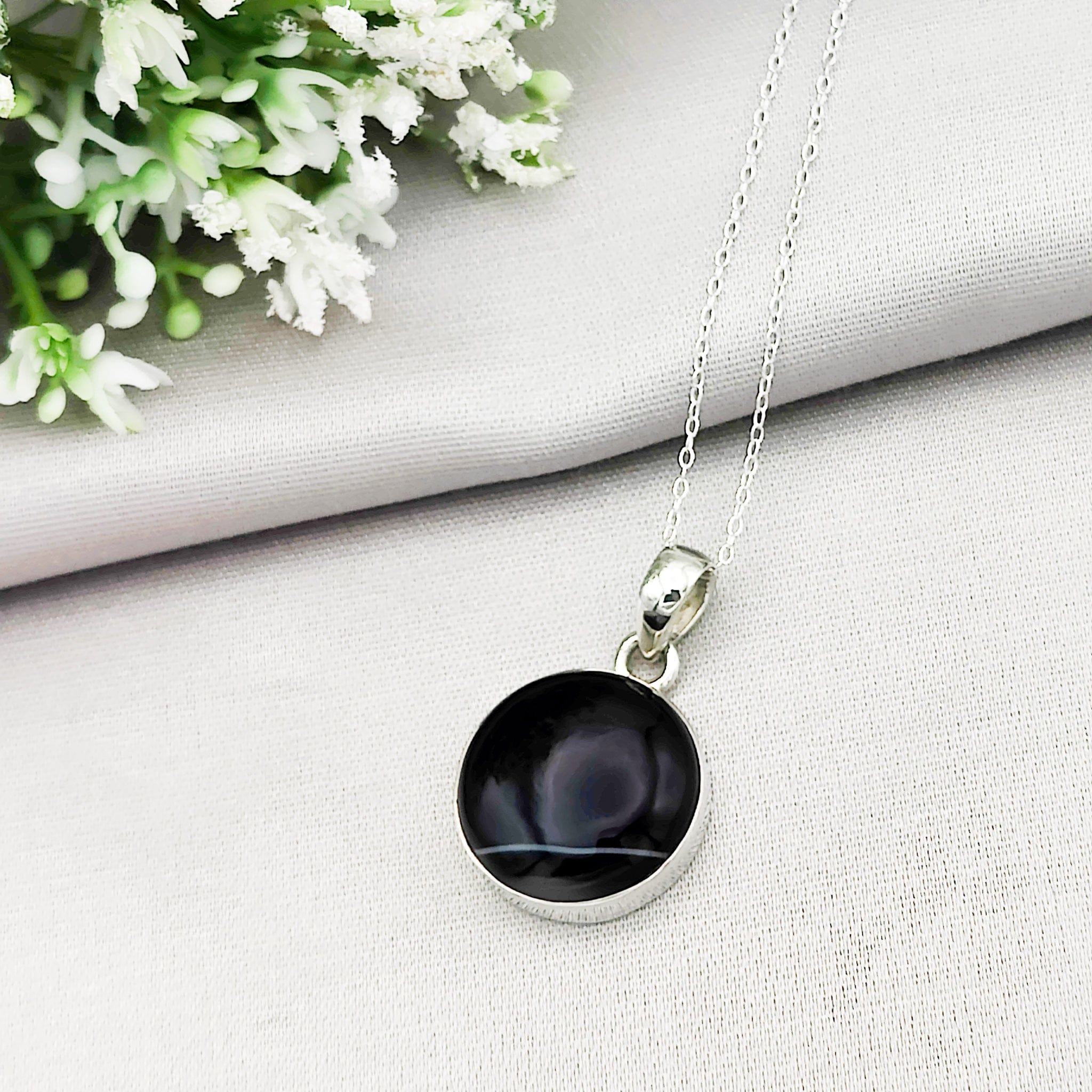 Hepburn and Hughes Banded Black Onyx Pendant | Circular Stone with White Stripe| Sterling Silver