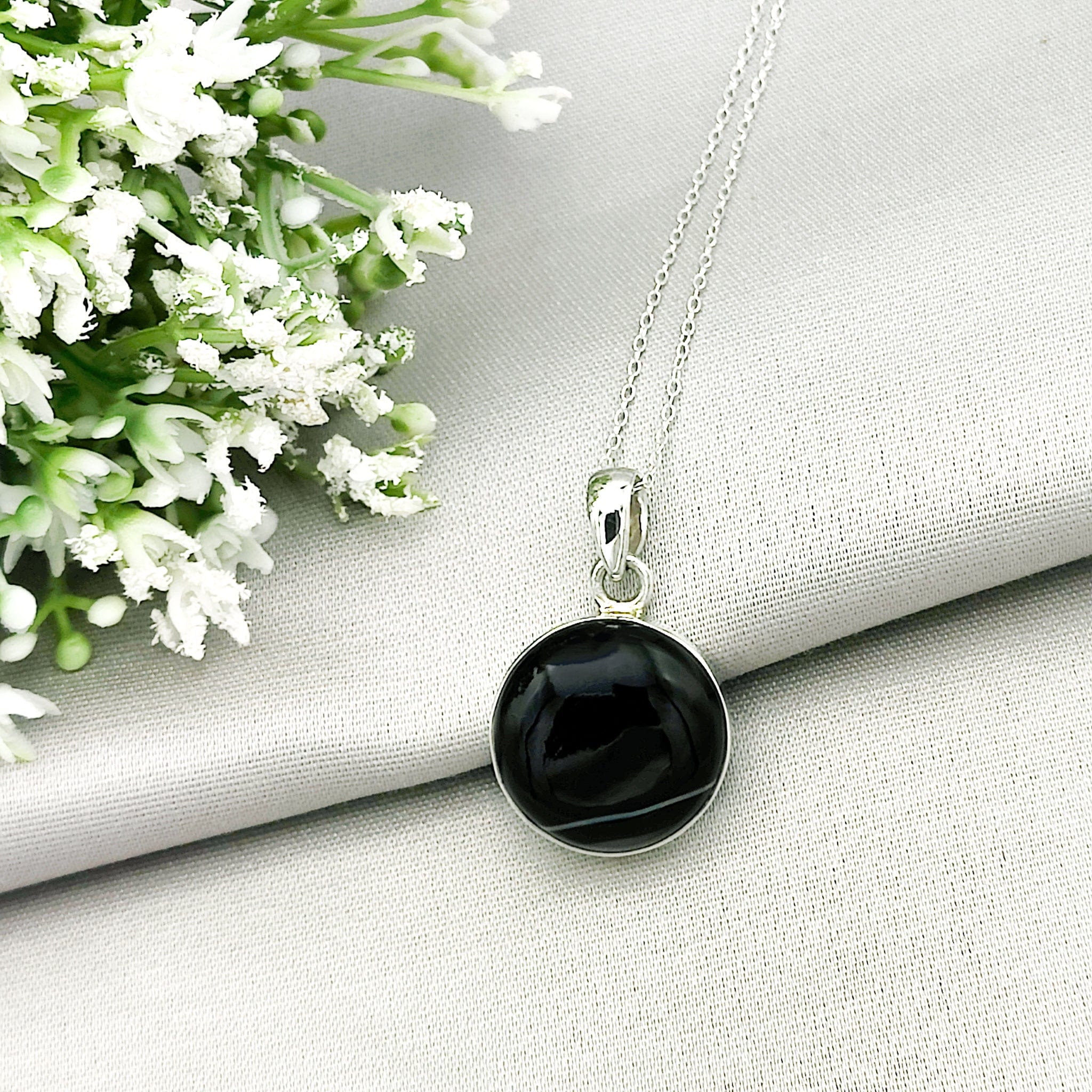 Hepburn and Hughes Banded Black Onyx Pendant | Circular Stone with White Stripe| Sterling Silver