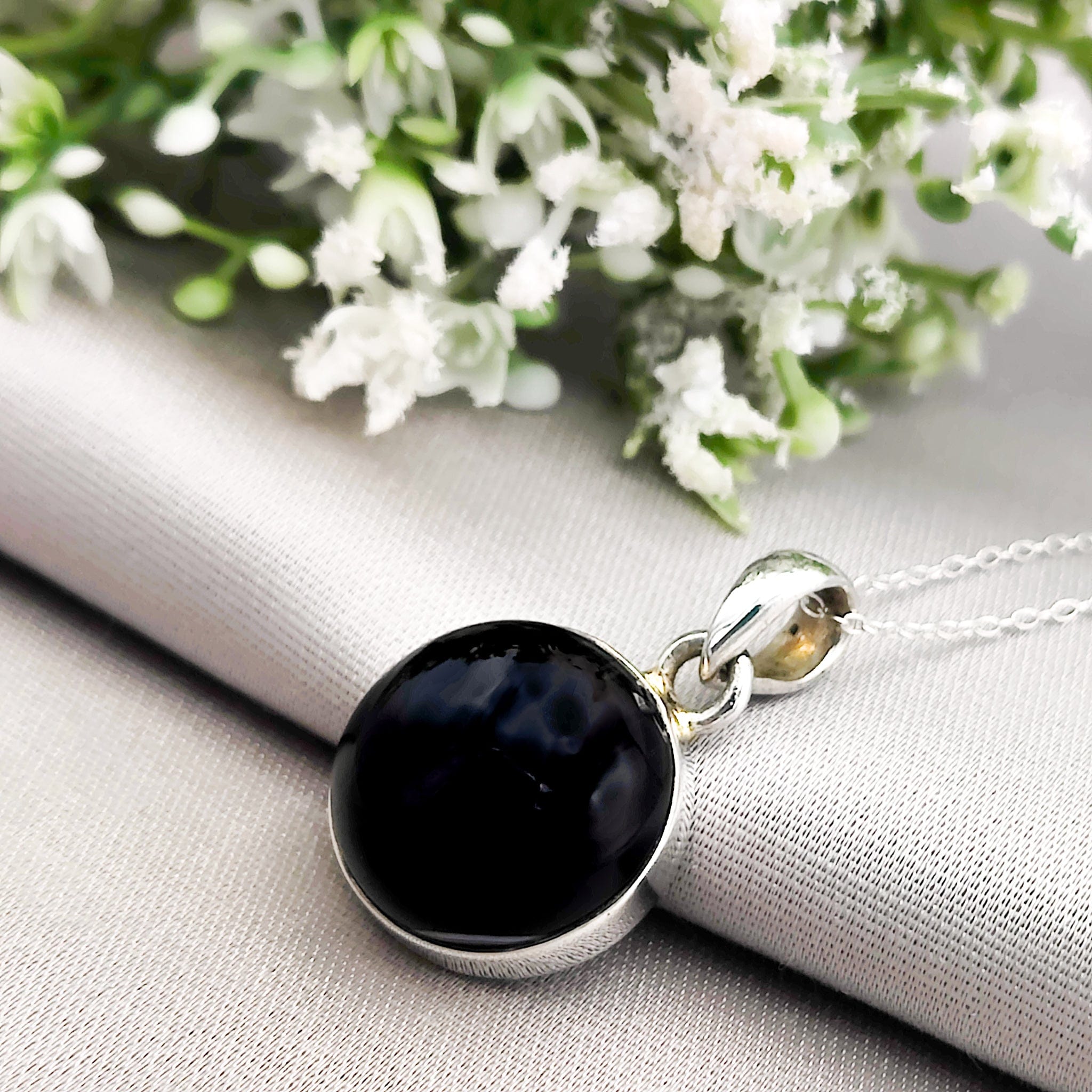 Hepburn and Hughes Banded Black Onyx Pendant | Circular Stone with White Stripe| Sterling Silver