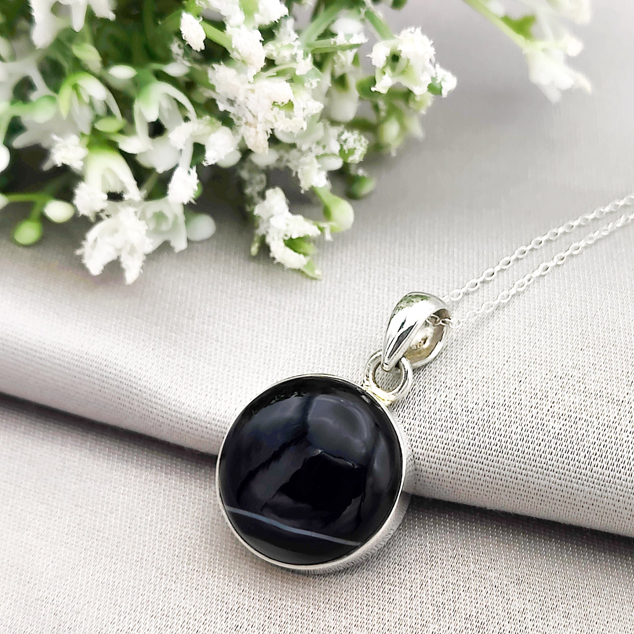 Hepburn and Hughes Banded Black Onyx Pendant | Circular Stone with White Stripe| Sterling Silver