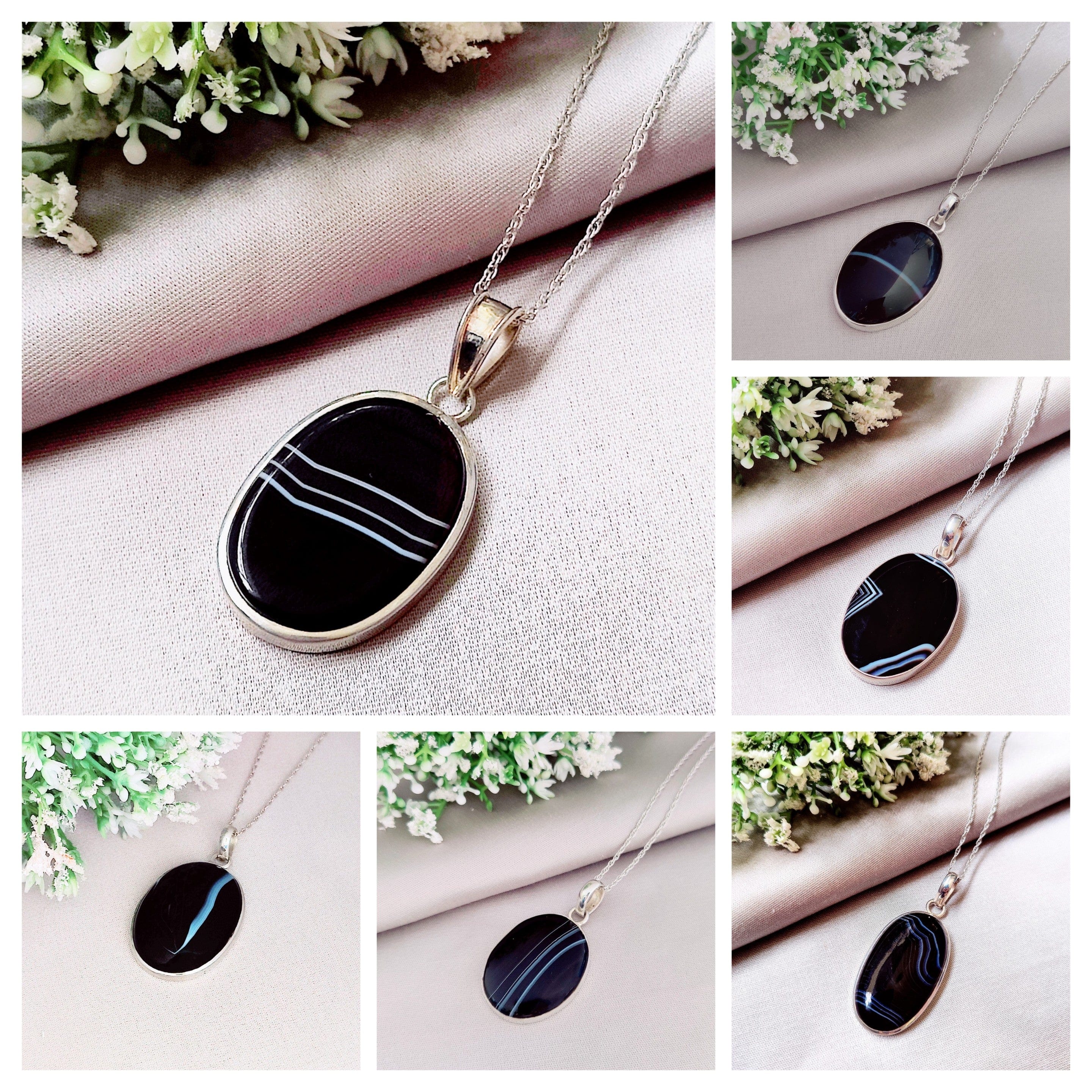 Hepburn and Hughes Banded Black Onyx Pendant | Large Oval | 6 Options | Sterling Silver