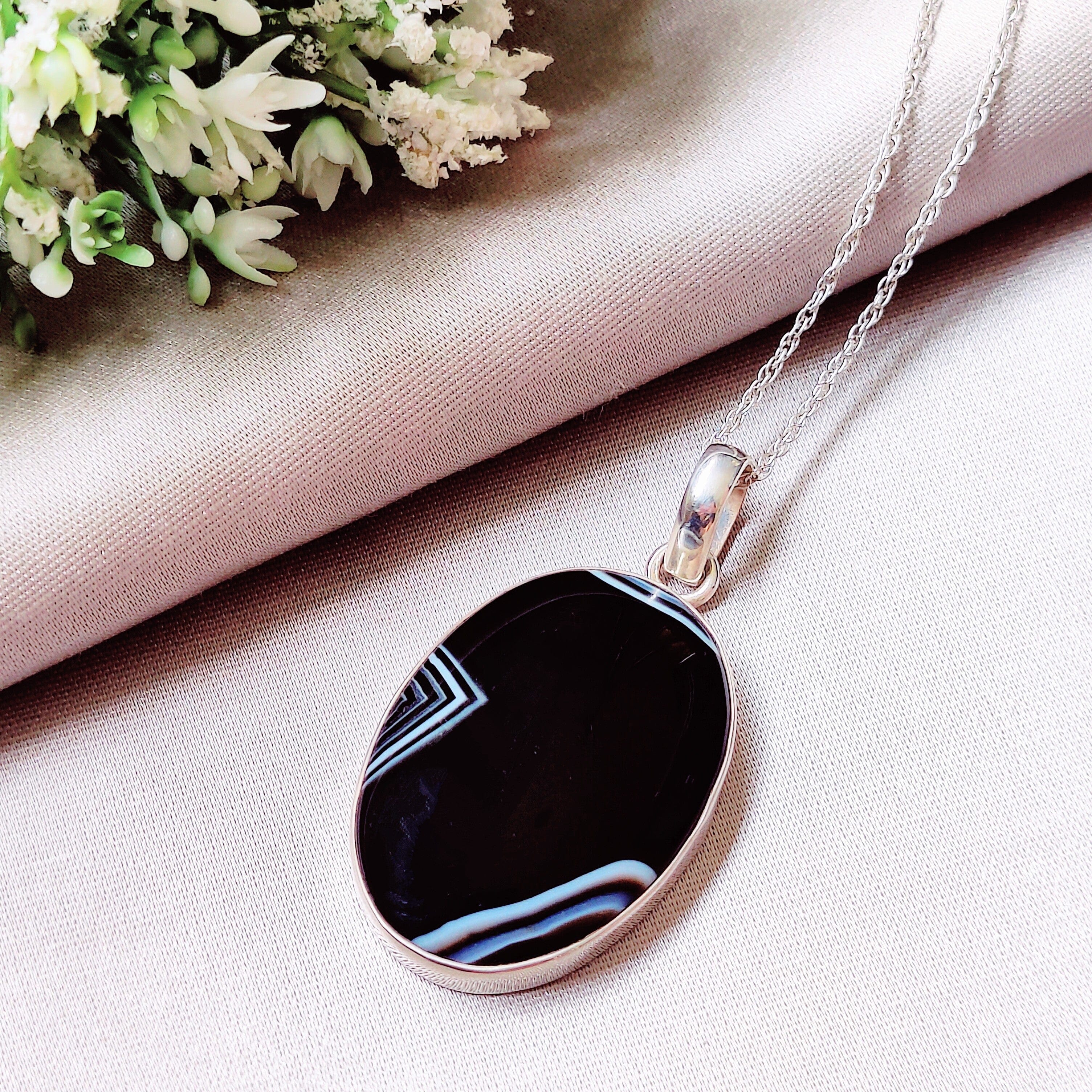 Hepburn and Hughes Banded Black Onyx Pendant | Large Oval | 6 Options | Sterling Silver