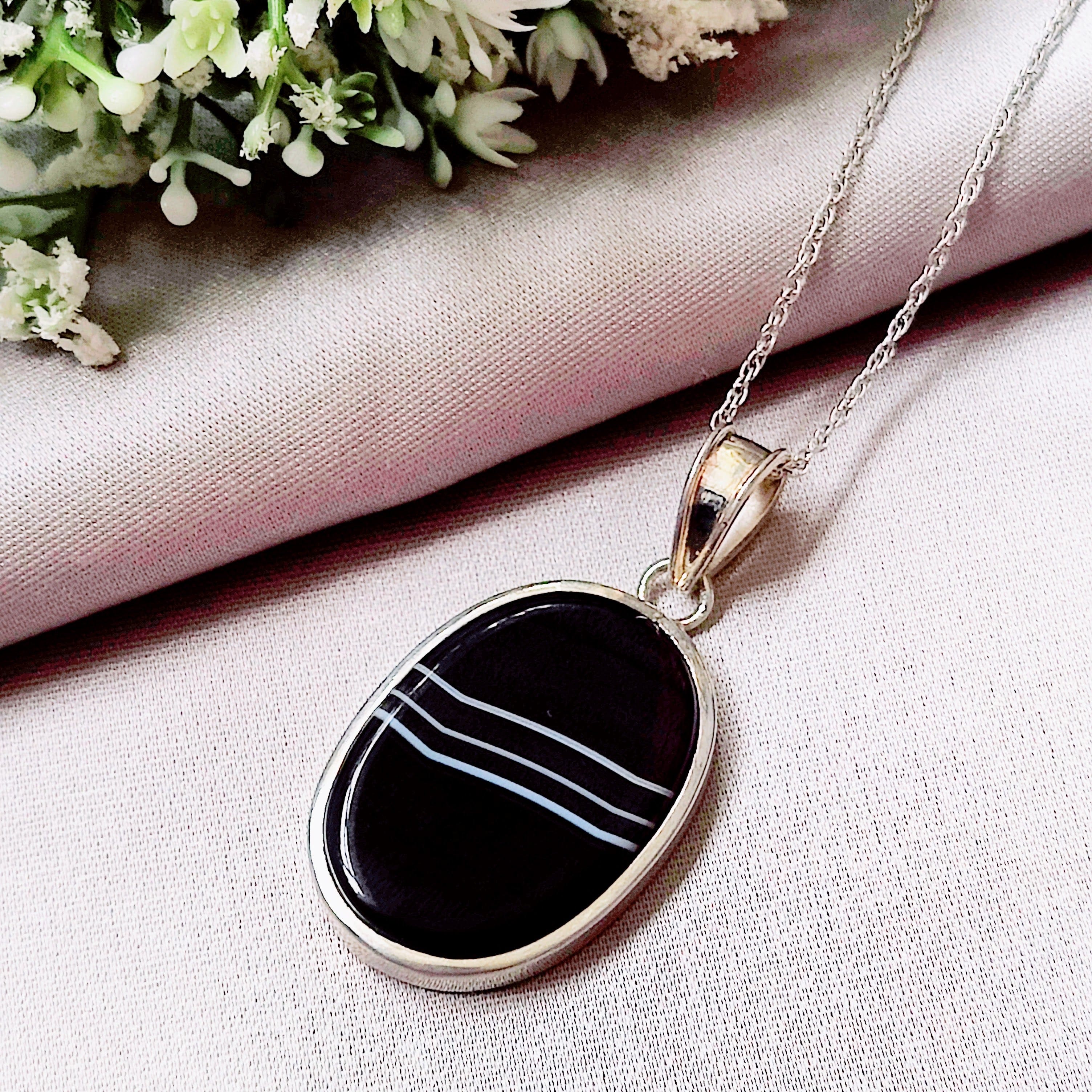 Hepburn and Hughes Banded Black Onyx Pendant | Large Oval | 6 Options | Sterling Silver