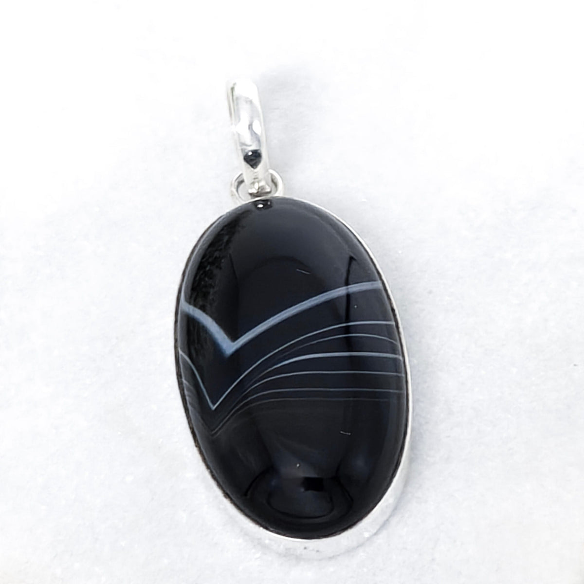 Hepburn and Hughes Banded Black Onyx Pendant | Oval Necklace | July Birthstone | Sterling Silver