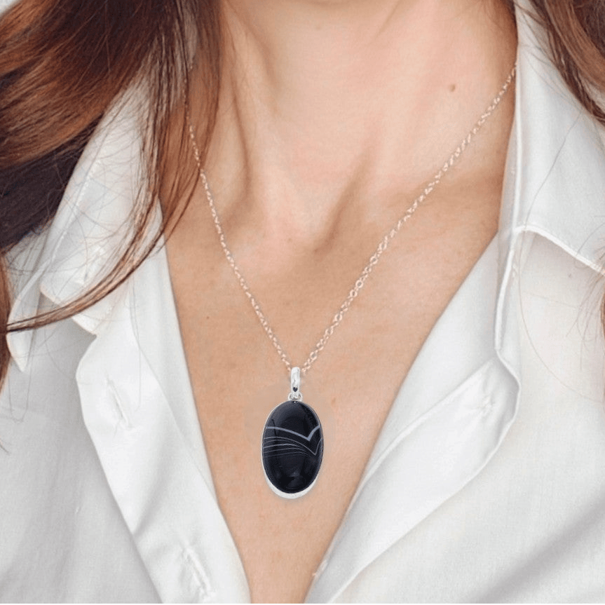 Hepburn and Hughes Banded Black Onyx Pendant | Oval Necklace | July Birthstone | Sterling Silver