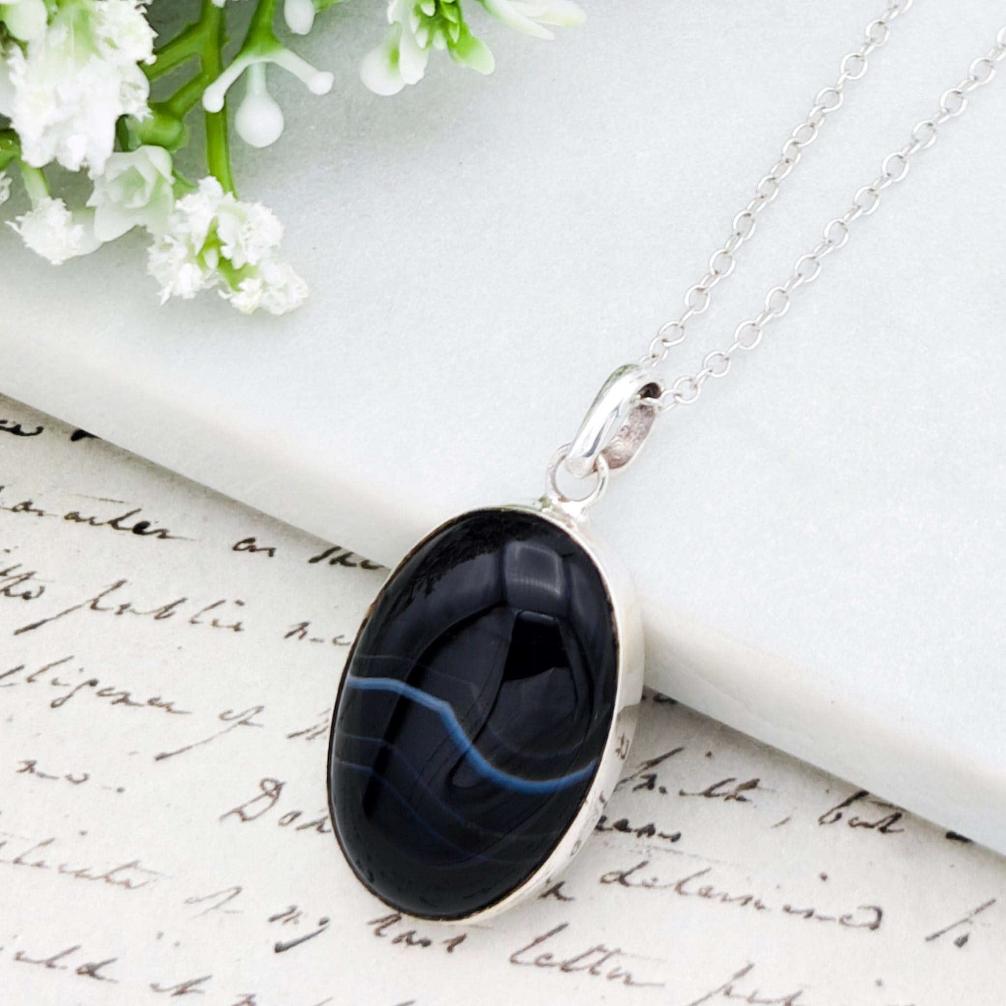Hepburn and Hughes Banded Black Onyx Pendant | Oval Necklace | July Birthstone | Sterling Silver
