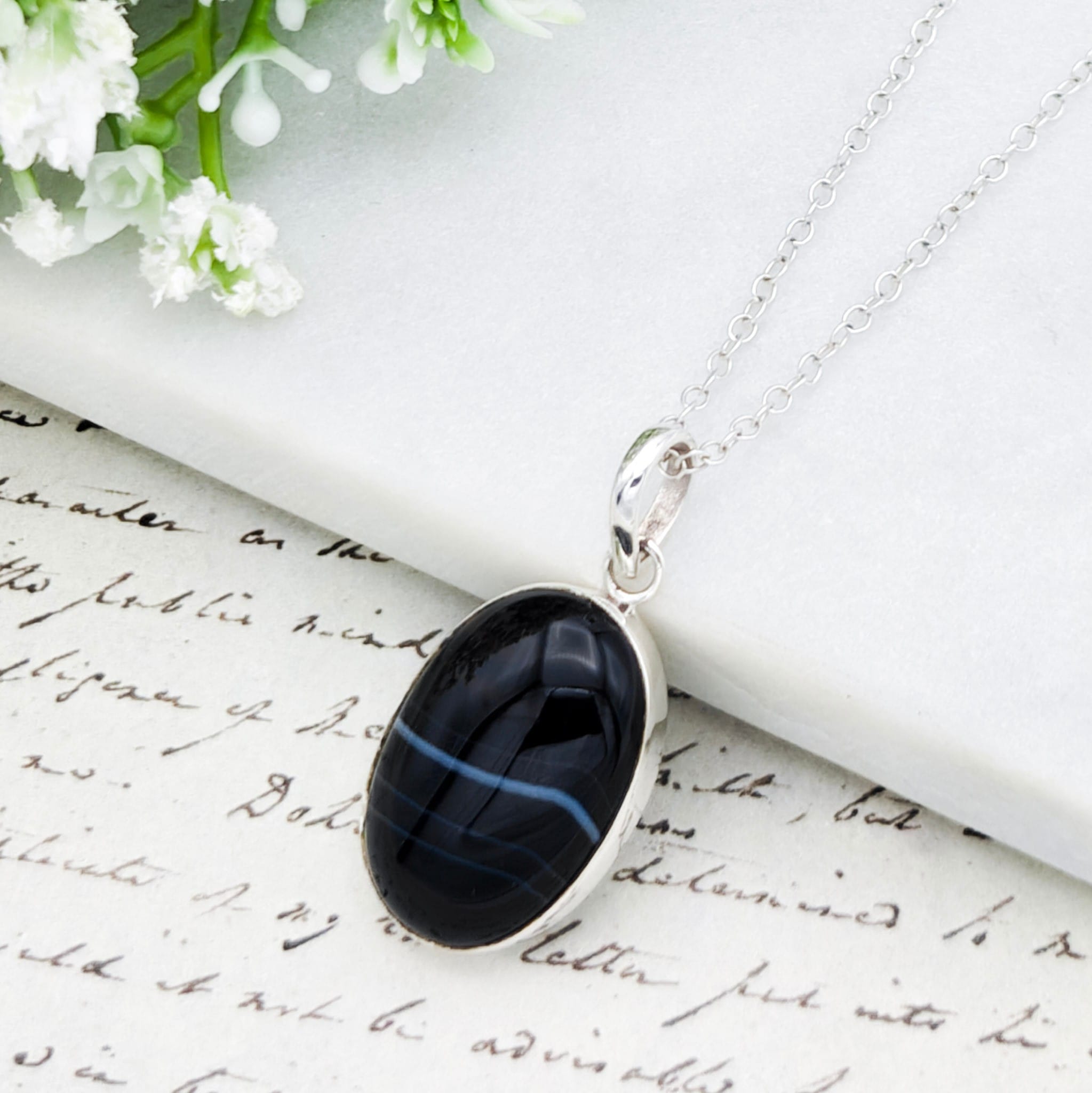 Hepburn and Hughes Banded Black Onyx Pendant | Oval Necklace | July Birthstone | Sterling Silver