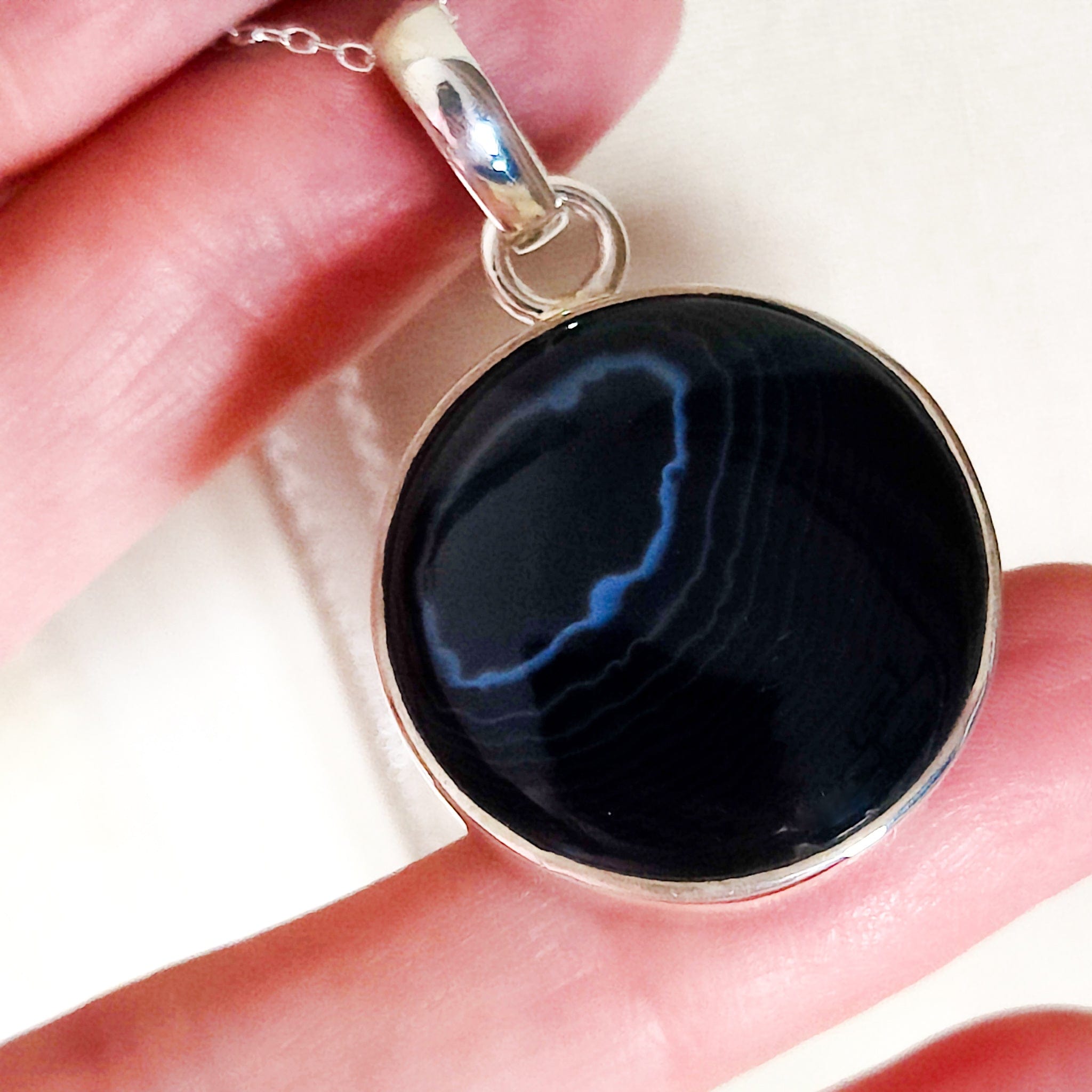 Hepburn and Hughes Banded Black Onyx Pendant | White Circle | Sterling Silver