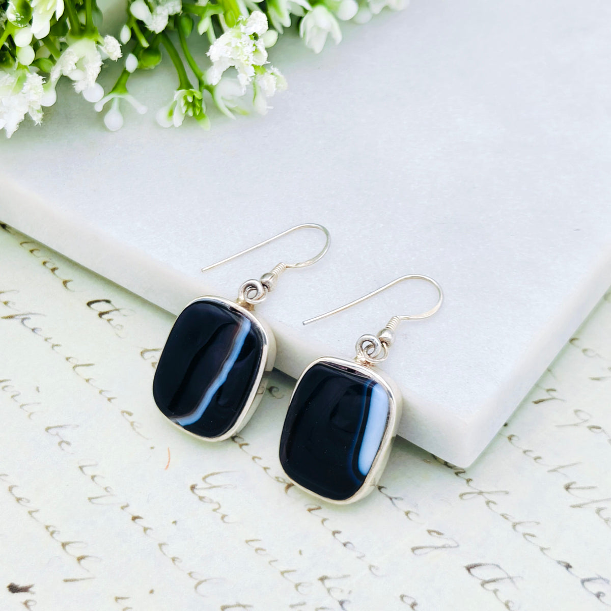 Hepburn and Hughes Black Onyx Earrings | Rectangular Gemstone with Ear Wire | Sterling Silver