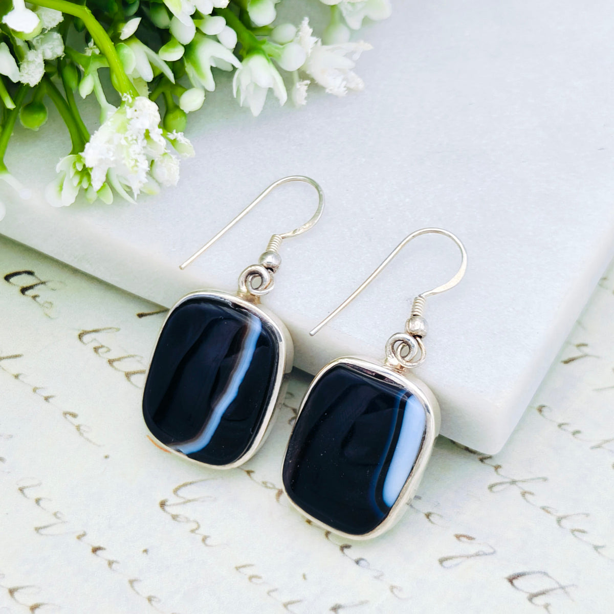 Hepburn and Hughes Black Onyx Earrings | Rectangular Gemstone with Ear Wire | Sterling Silver