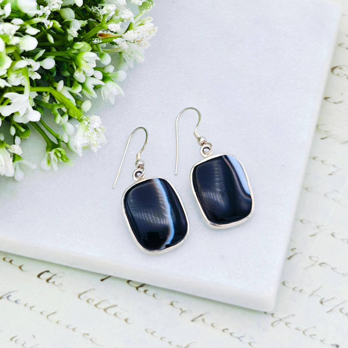 Hepburn and Hughes Black Onyx Earrings | Rectangular Gemstone with Ear Wire | Sterling Silver