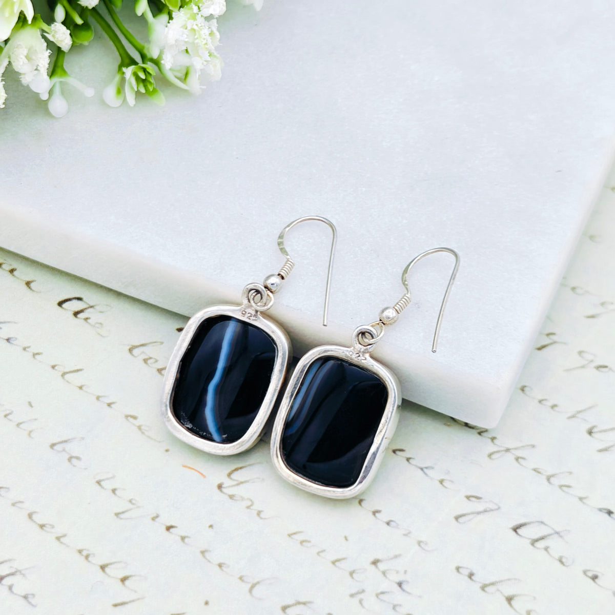 Hepburn and Hughes Black Onyx Earrings | Rectangular Gemstone with Ear Wire | Sterling Silver