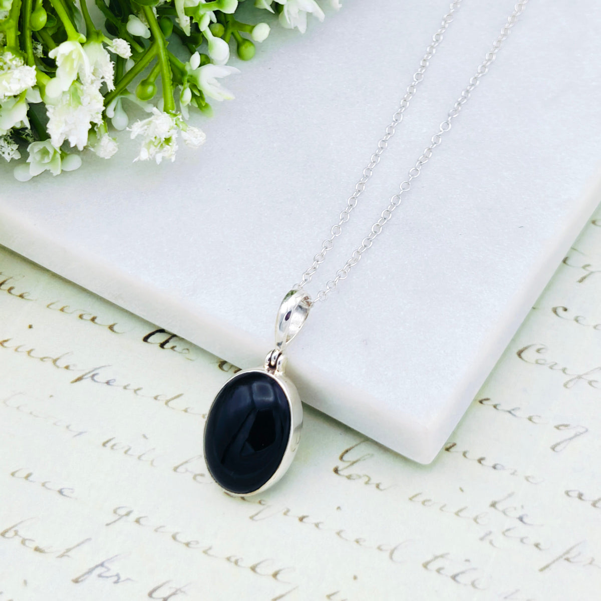 Hepburn and Hughes Black Onyx Pendant | 20mm Oval Gemstone | Sterling Silver