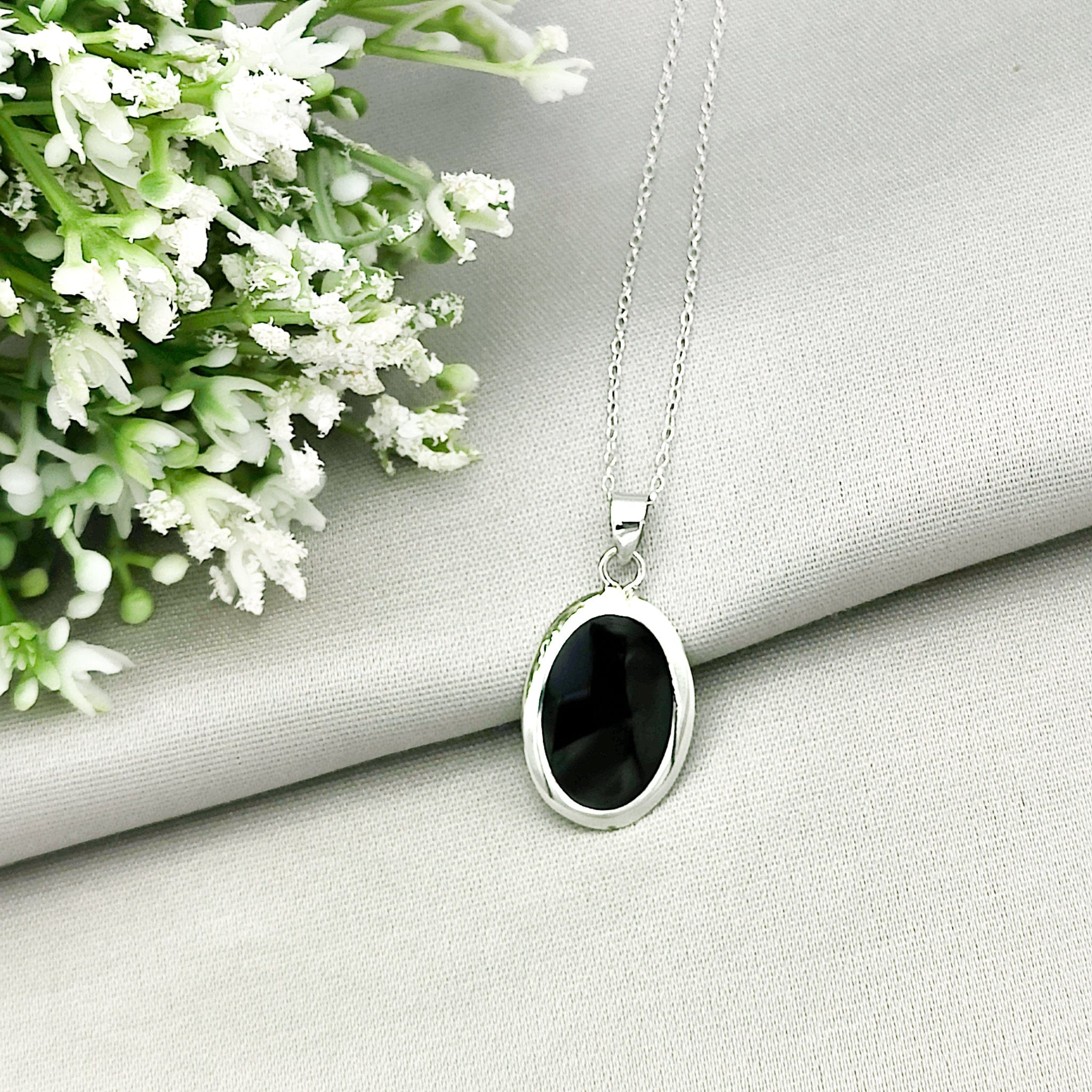 Hepburn and Hughes Black Onyx Pendant | 20mm Oval Gemstone | Sterling Silver