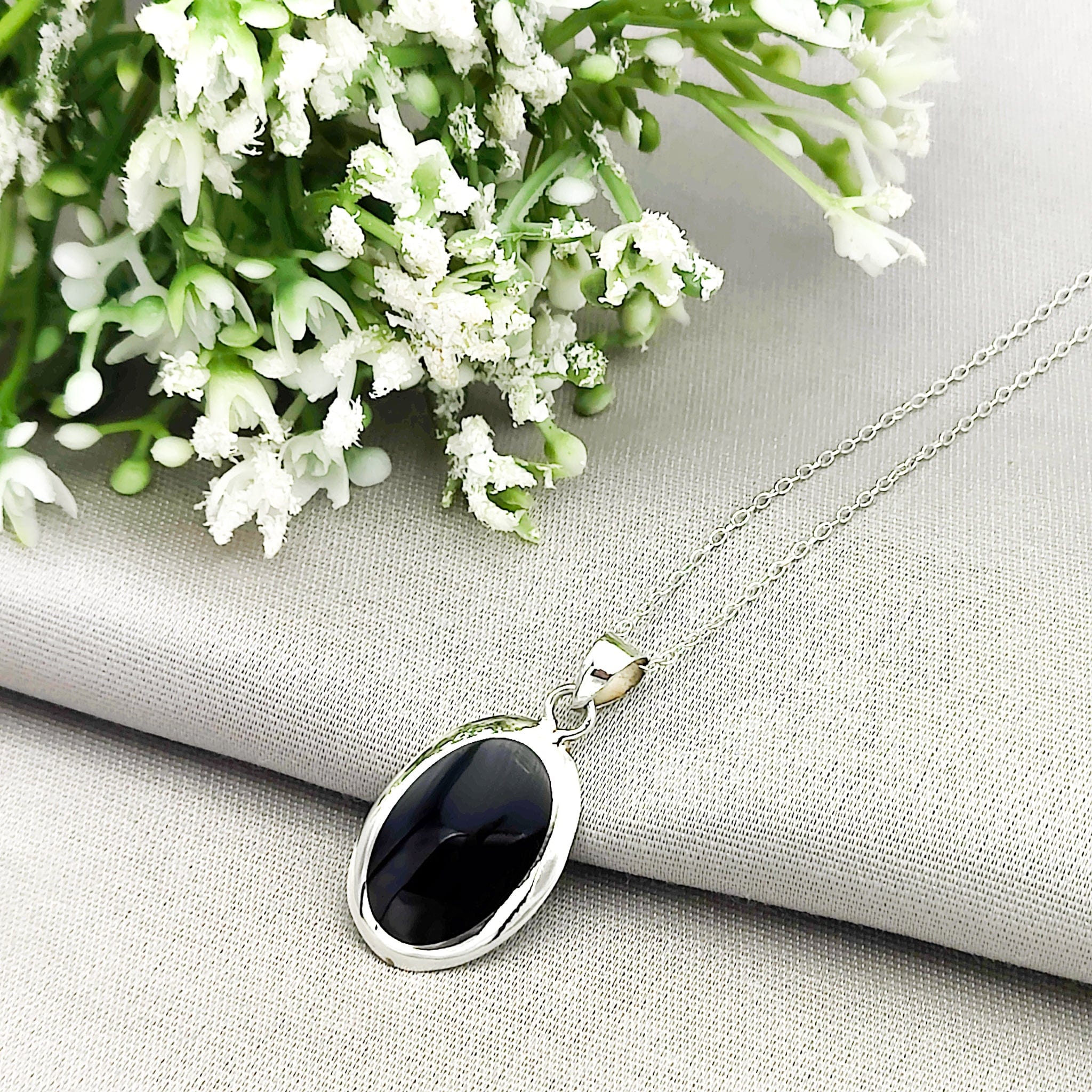 Hepburn and Hughes Black Onyx Pendant | 20mm Oval Gemstone | Sterling Silver