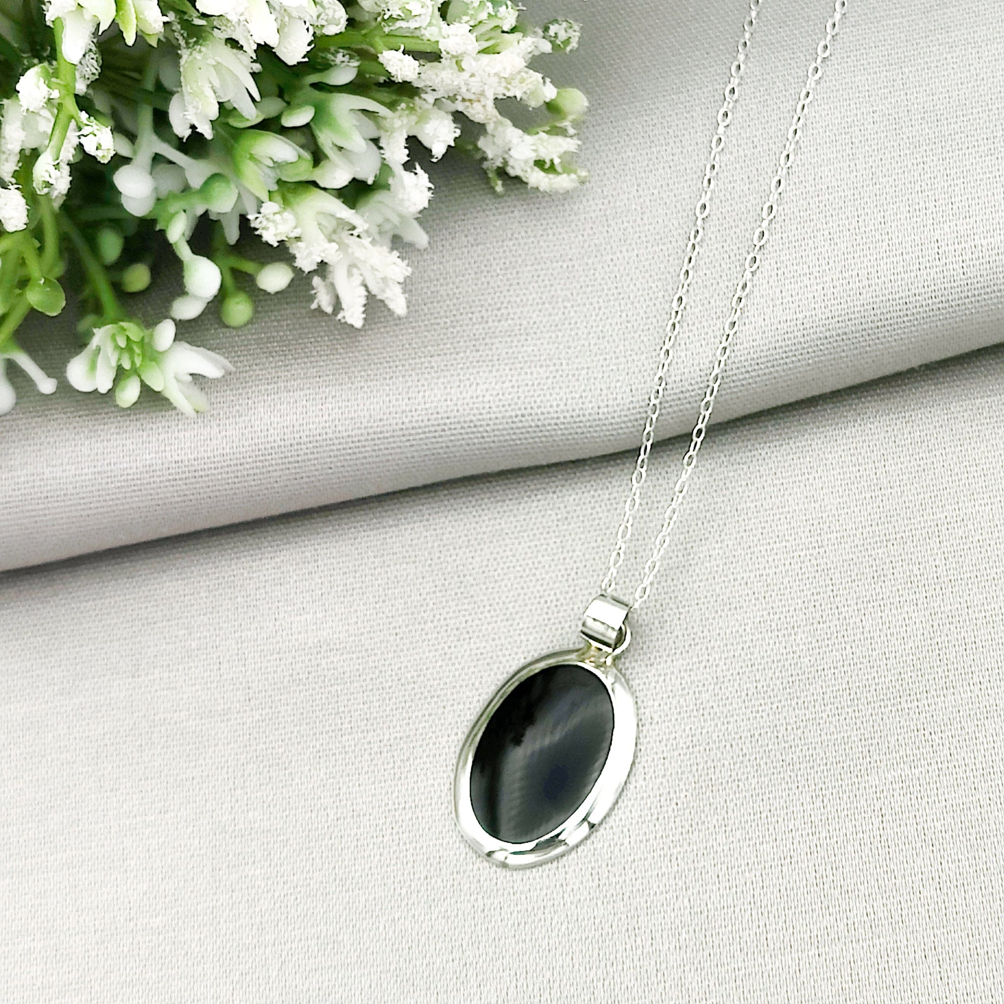 Hepburn and Hughes Black Onyx Pendant | 20mm Oval Gemstone | Sterling Silver