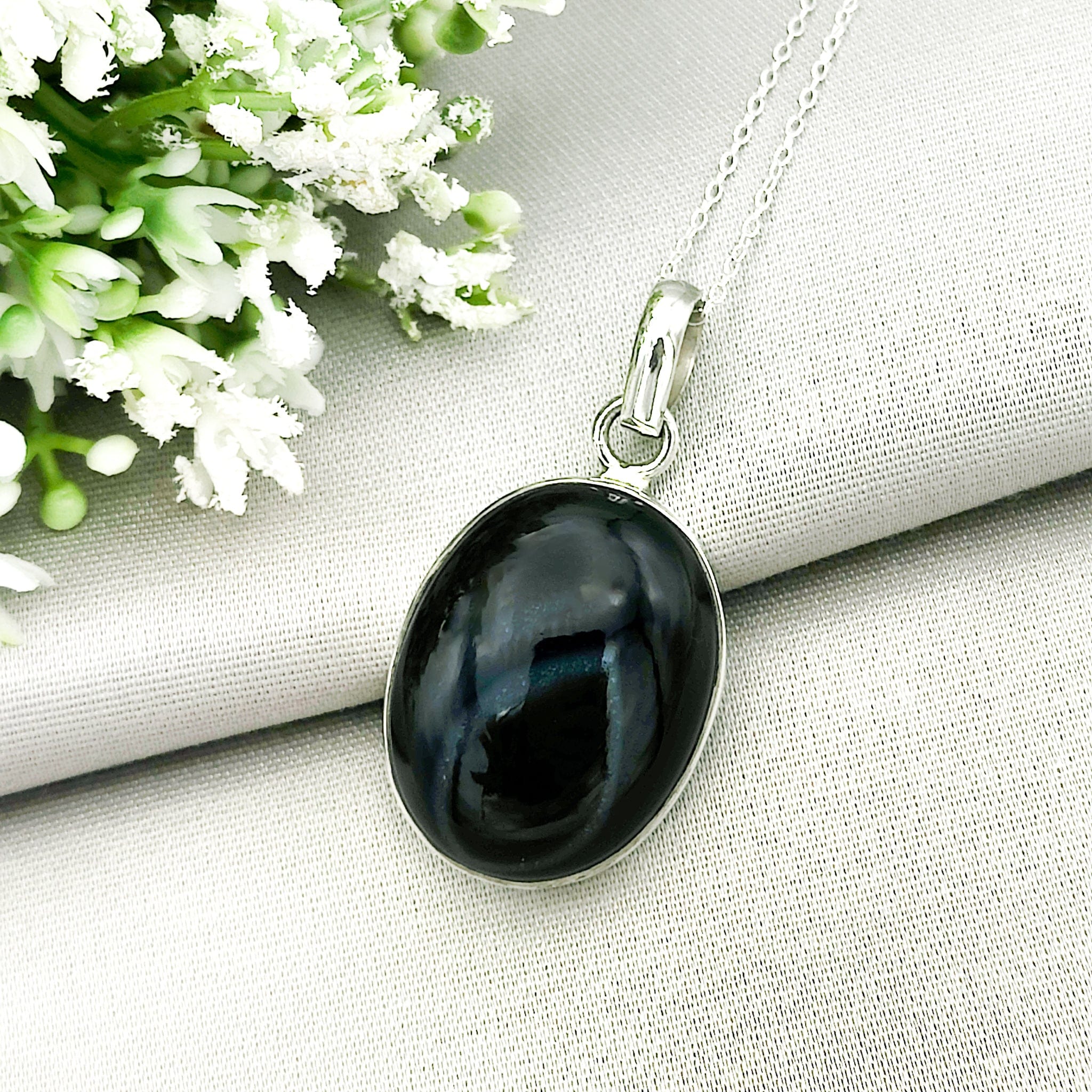 Hepburn and Hughes Black Onyx Pendant | 30mm Oval | Sterling Silver