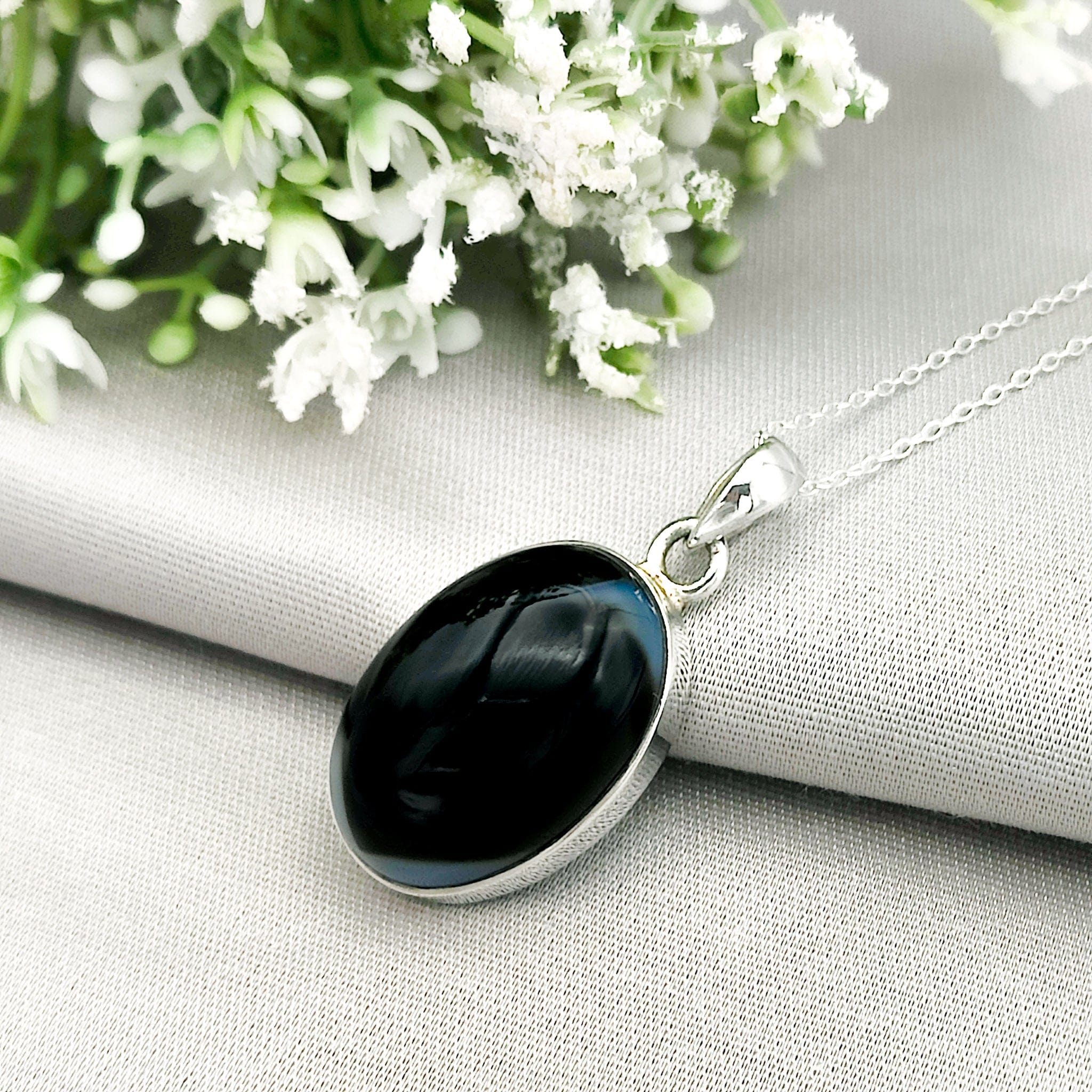 Hepburn and Hughes Black Onyx Pendant | 30mm Oval | Sterling Silver