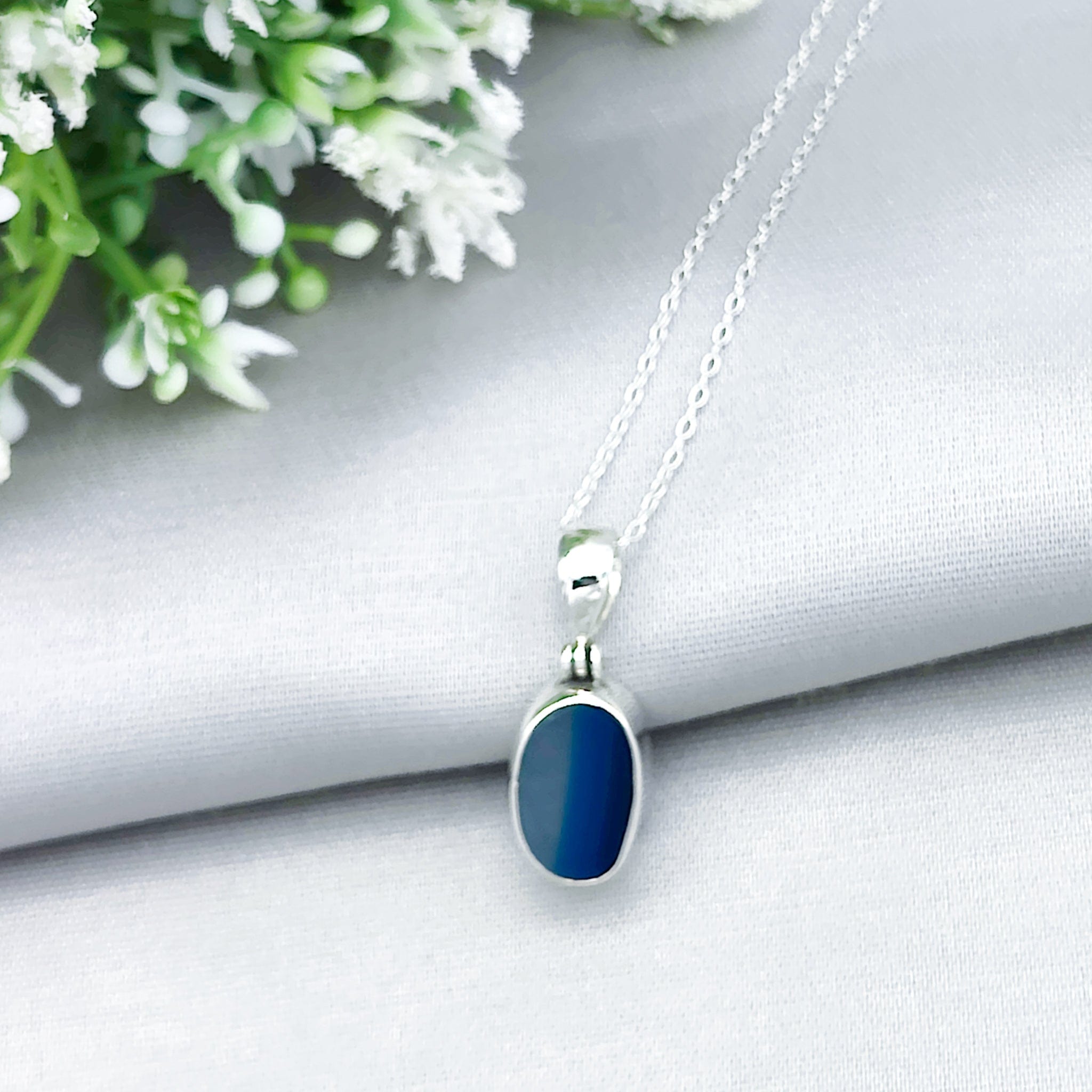 Hepburn and Hughes Blue Agate Pendant | 17mm Oval Gemstone | Gemini Gift | Sterling Silver