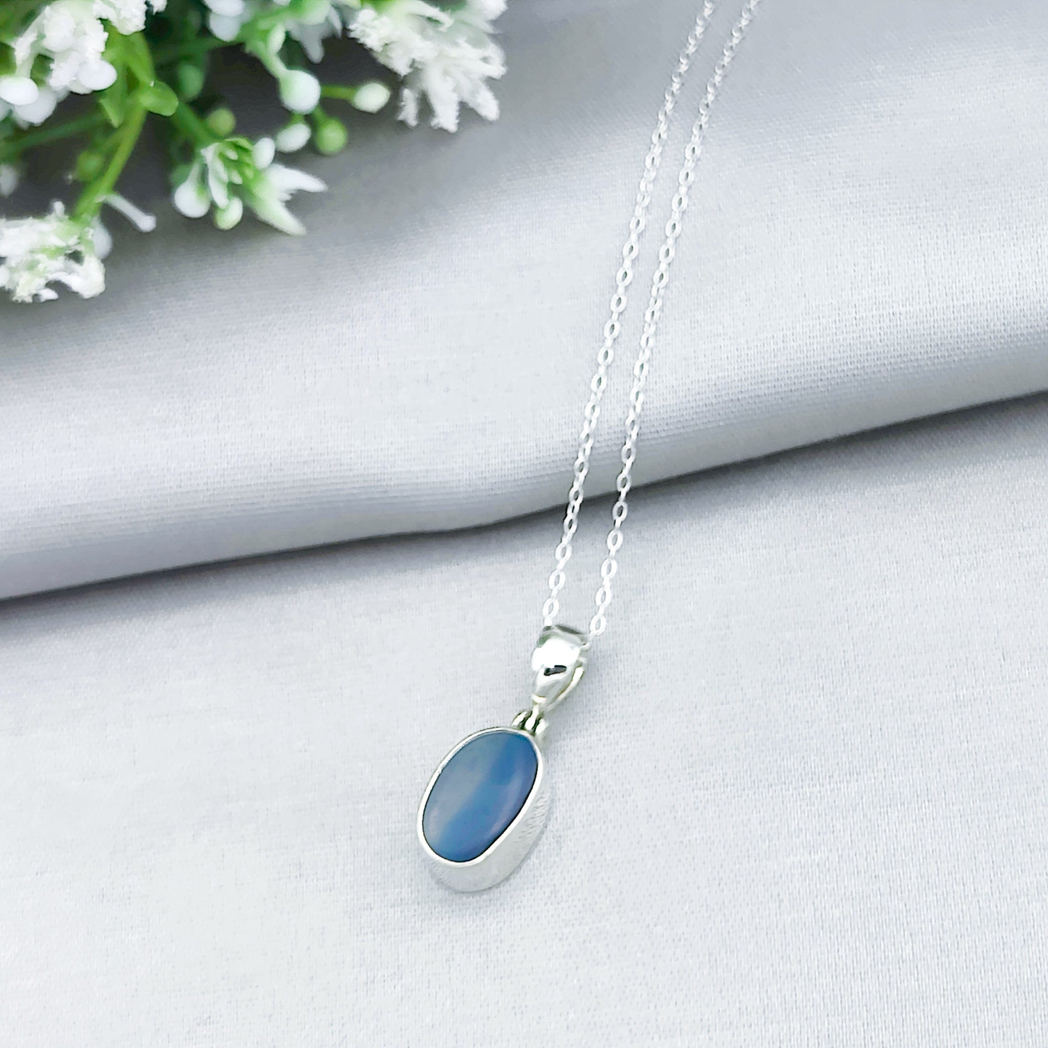 Hepburn and Hughes Blue Agate Pendant | 17mm Oval Gemstone | Gemini Gift | Sterling Silver