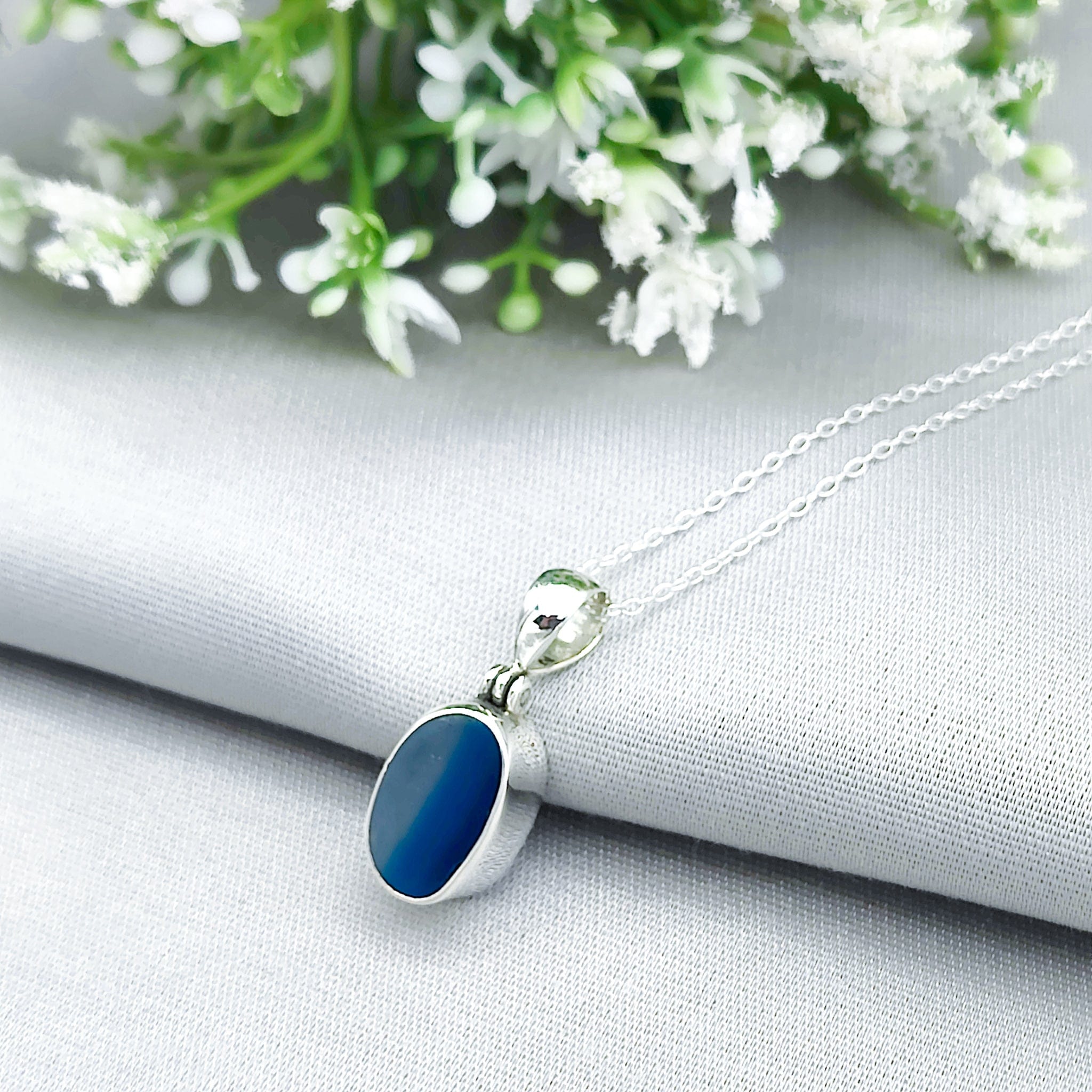 Hepburn and Hughes Blue Agate Pendant | 17mm Oval Gemstone | Gemini Gift | Sterling Silver