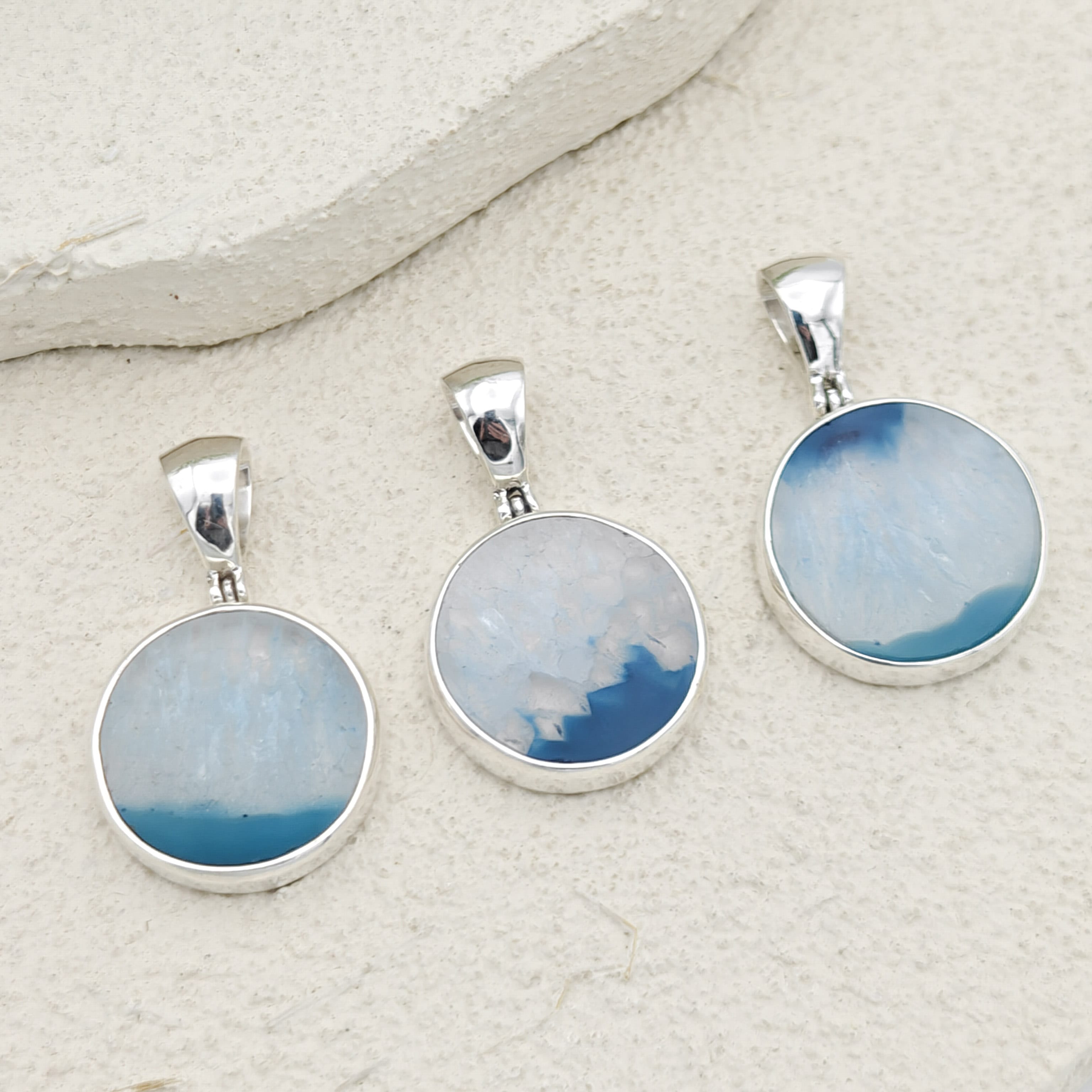 Hepburn and Hughes Blue Agate Pendant | 25mm Circle | Gemini Gemstone | Sterling Silver