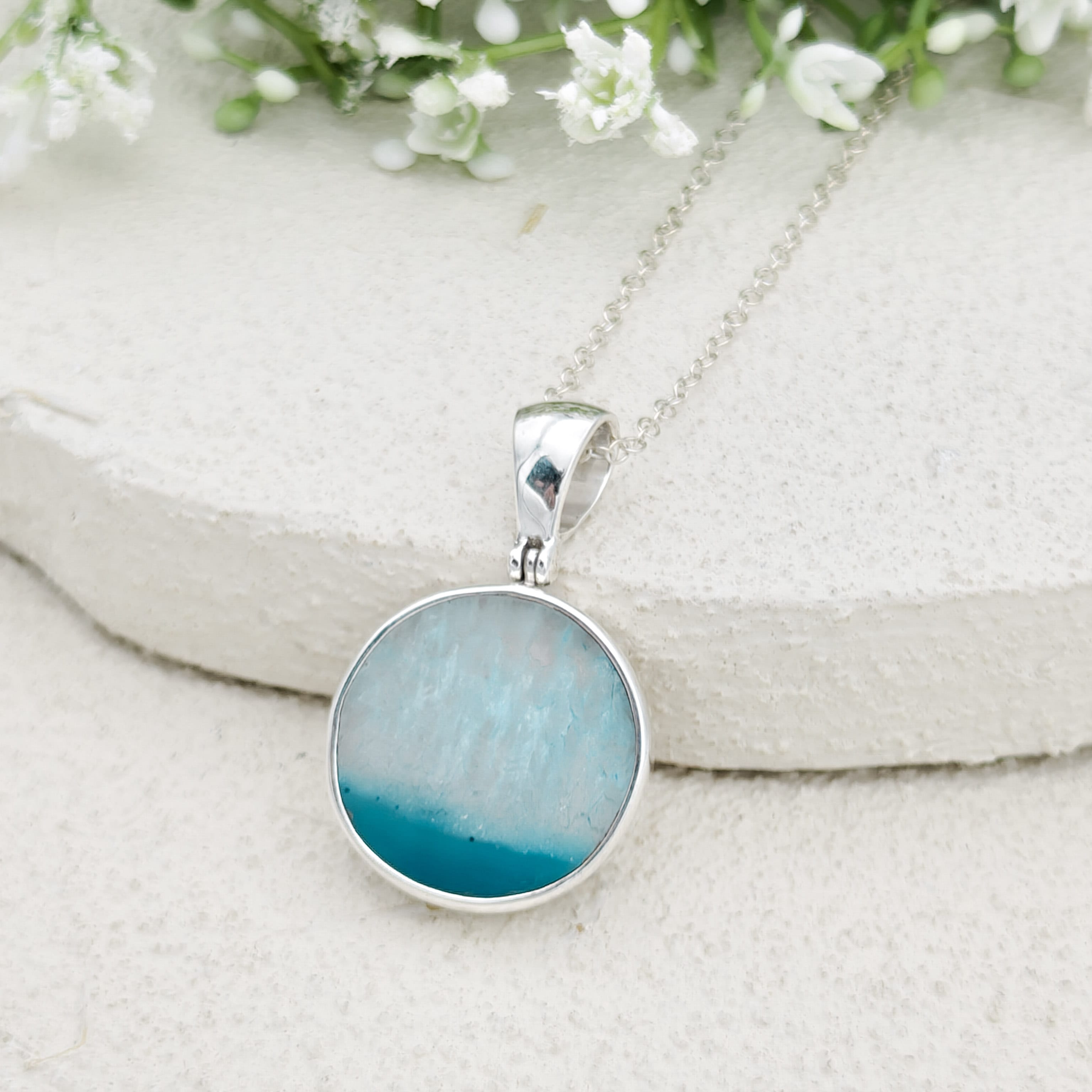 Hepburn and Hughes Blue Agate Pendant | 25mm Circle | Gemini Gemstone | Sterling Silver