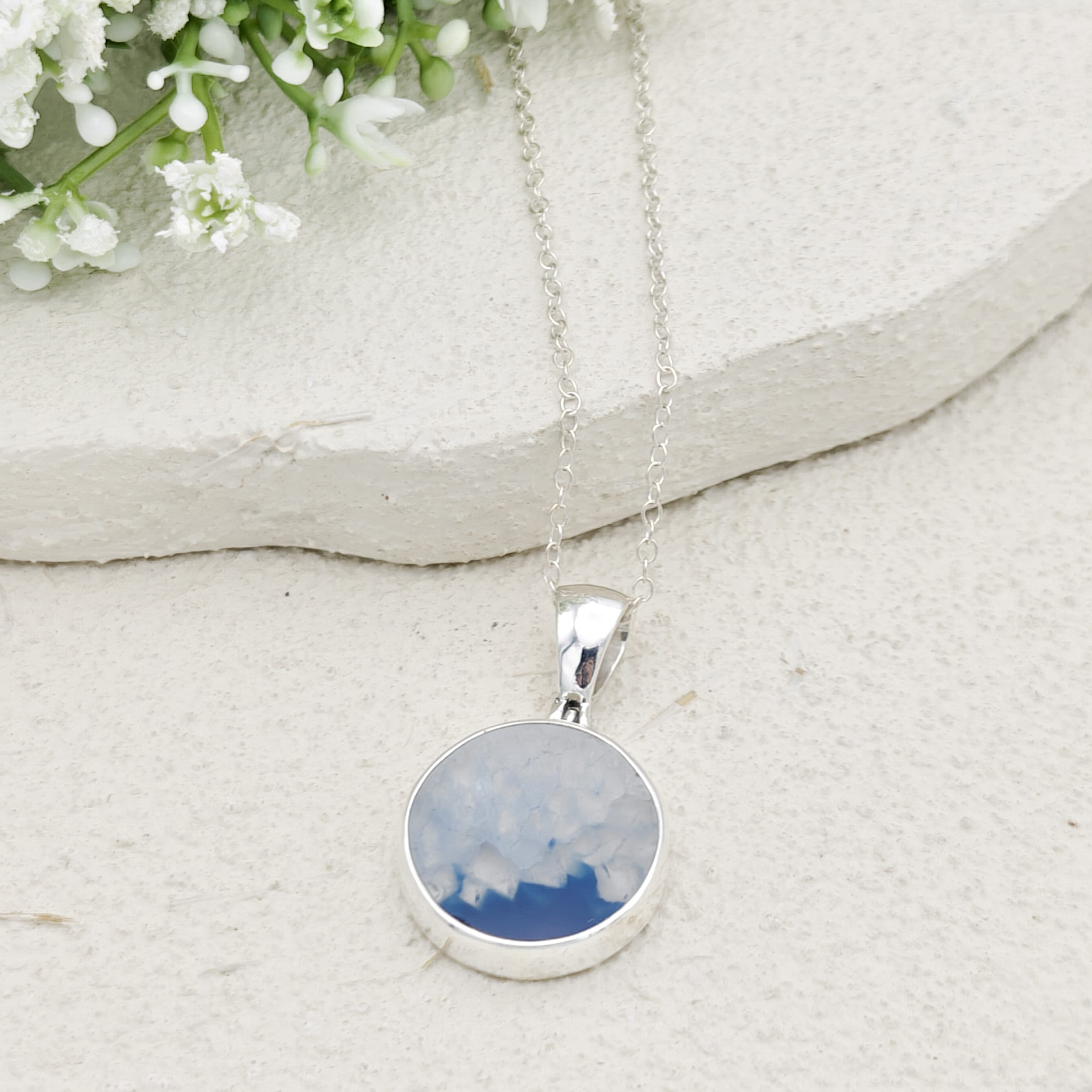 Hepburn and Hughes Blue Agate Pendant | 25mm Circle | Gemini Gemstone | Sterling Silver
