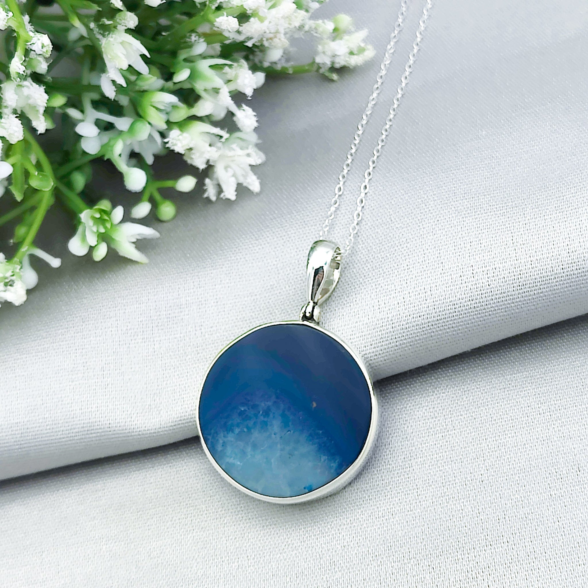 Hepburn and Hughes Blue Agate Pendant | 25mm Circle | Gemini Gemstone | Sterling Silver