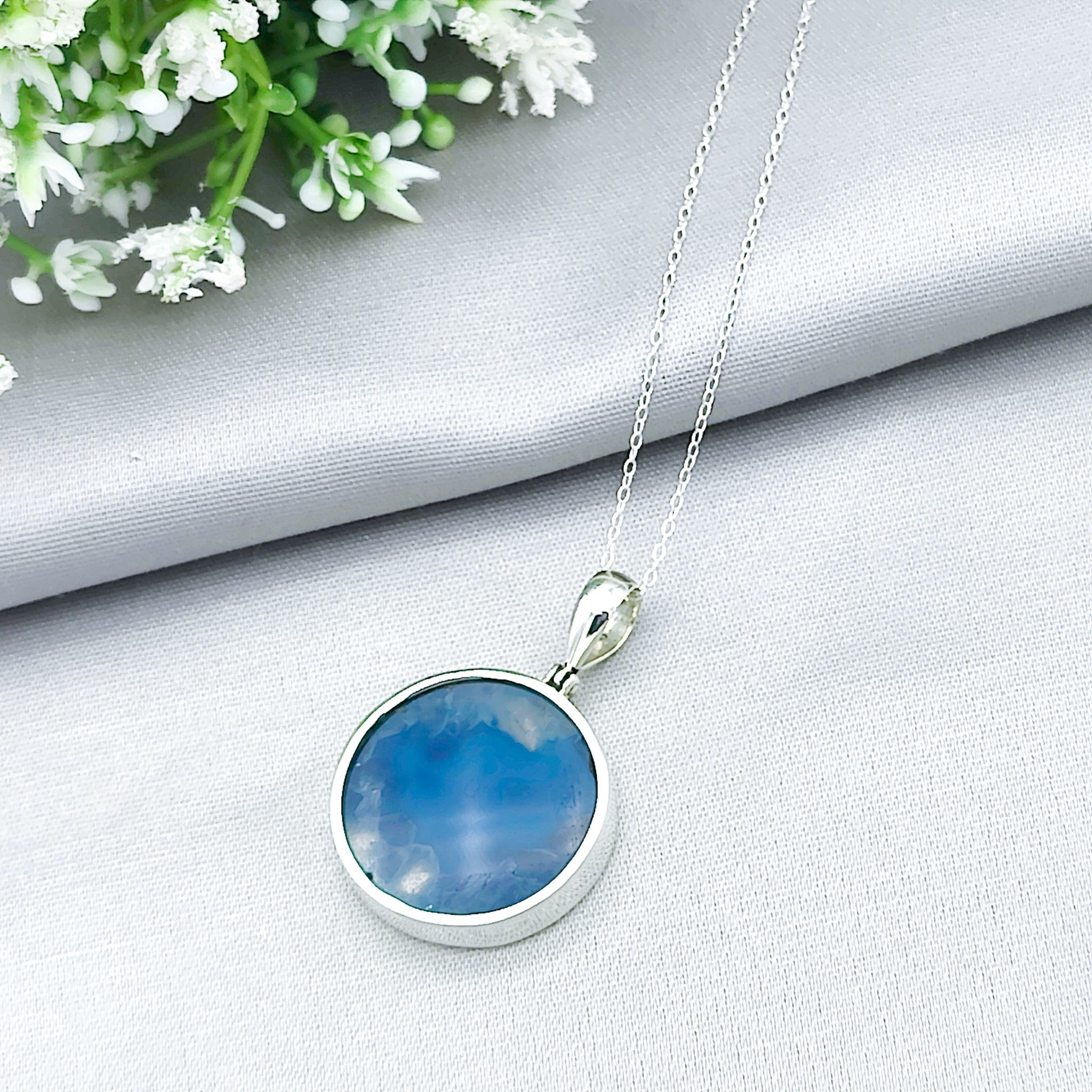 Hepburn and Hughes Blue Agate Pendant | 25mm Circle | Gemini Gemstone | Sterling Silver