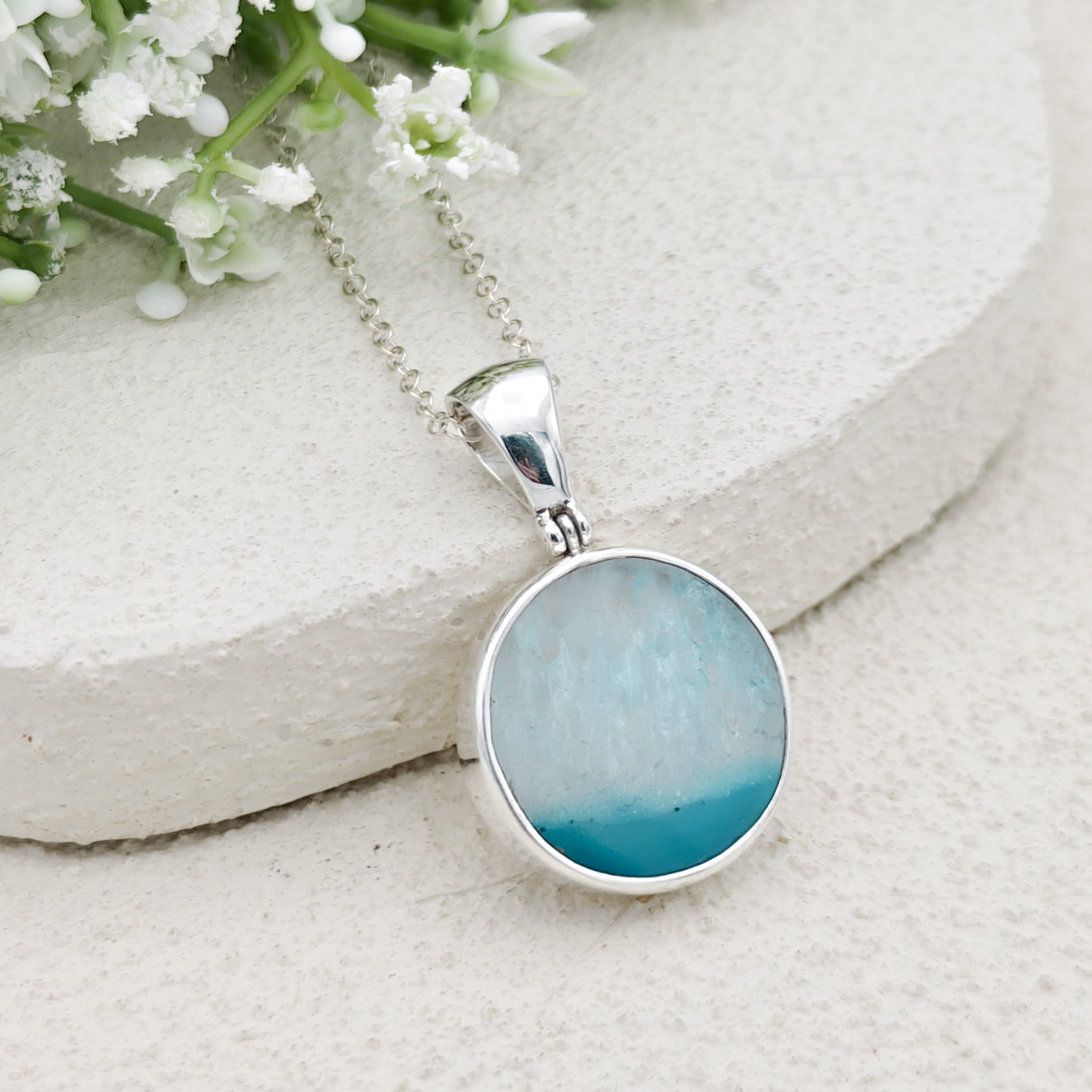 Hepburn and Hughes Blue Agate Pendant | 25mm Circle | Gemini Gemstone | Sterling Silver