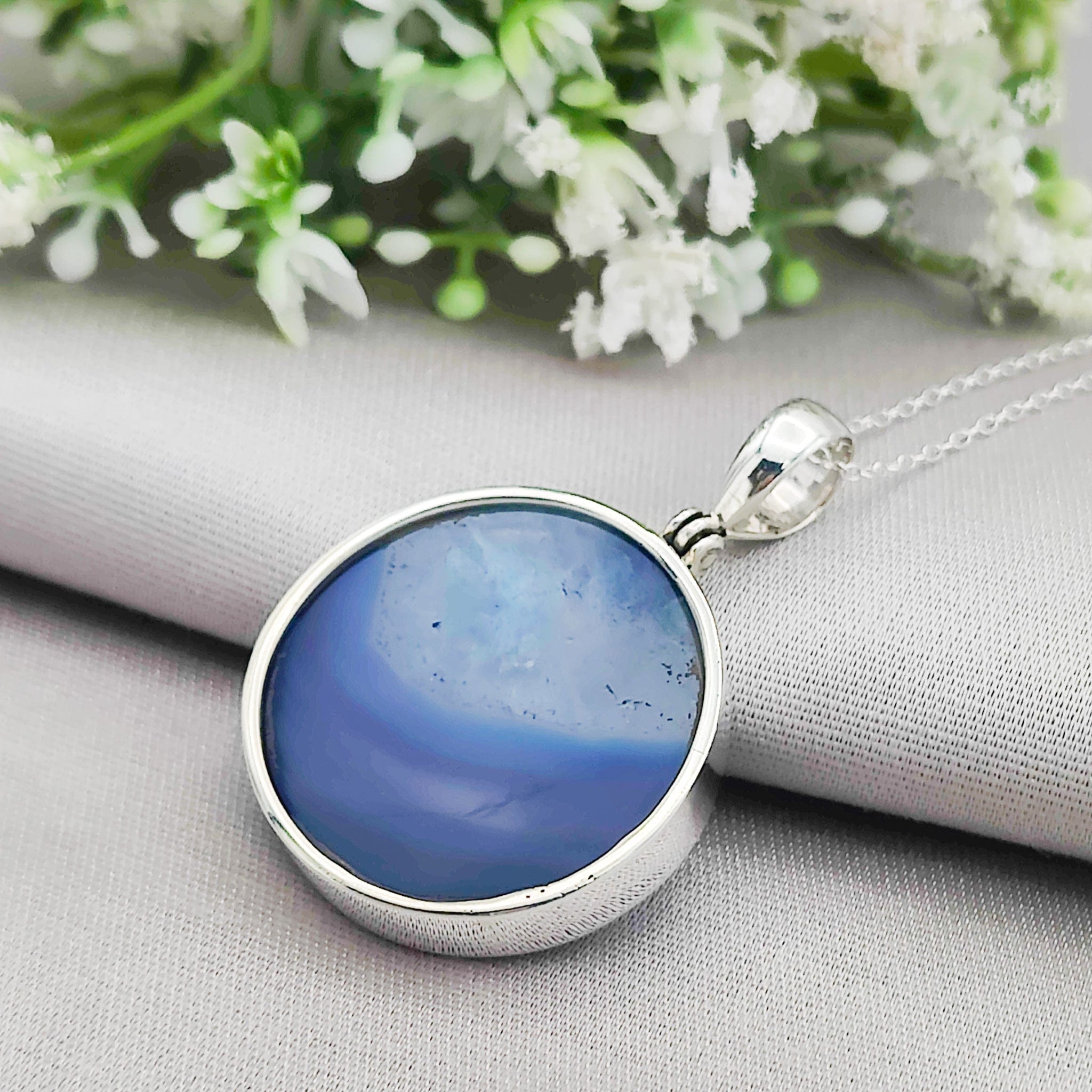 Hepburn and Hughes Blue Agate Pendant | 25mm Circle | Gemini Gemstone | Sterling Silver