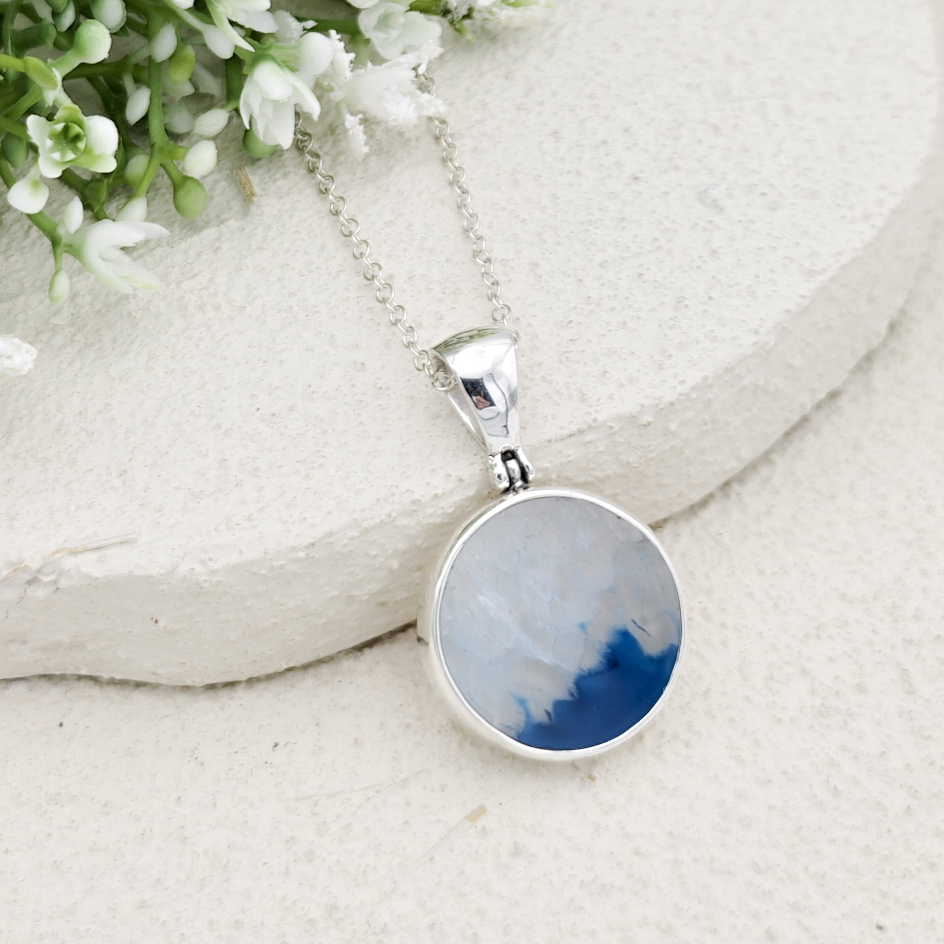 Hepburn and Hughes Blue Agate Pendant | 25mm Circle | Gemini Gemstone | Sterling Silver