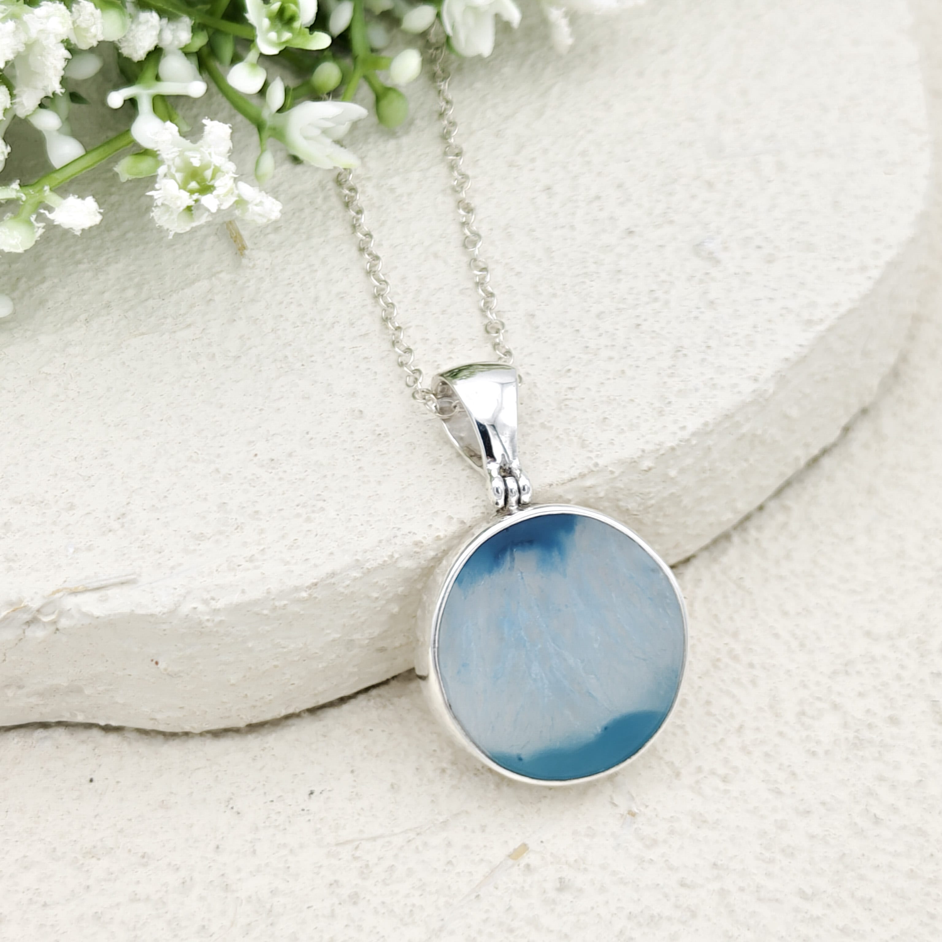 Hepburn and Hughes Blue Agate Pendant | 25mm Circle | Gemini Gemstone | Sterling Silver