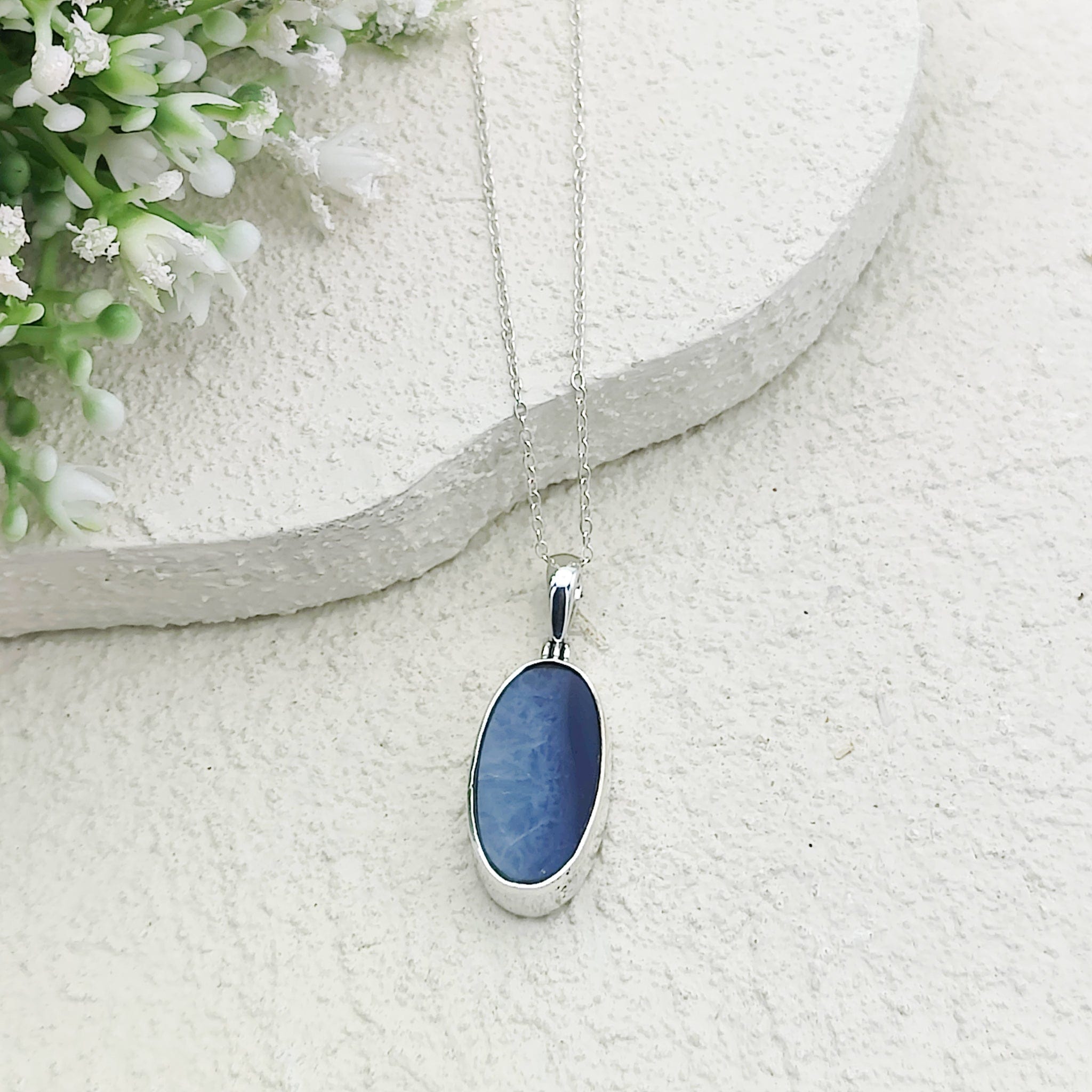 Hepburn and Hughes Blue Agate Pendant | 25mm Oval Gemstone | Sterling Silver