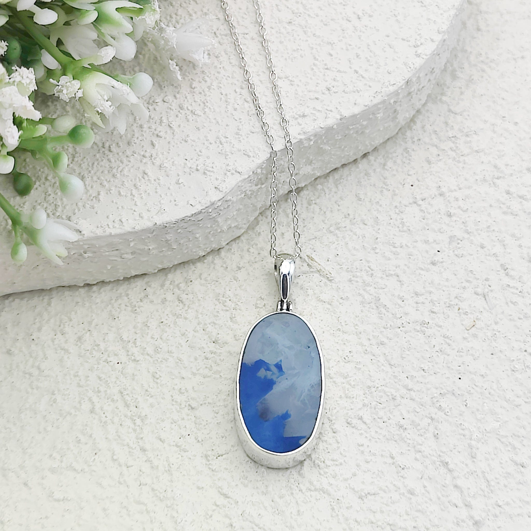 Hepburn and Hughes Blue Agate Pendant | 25mm Oval Gemstone | Sterling Silver