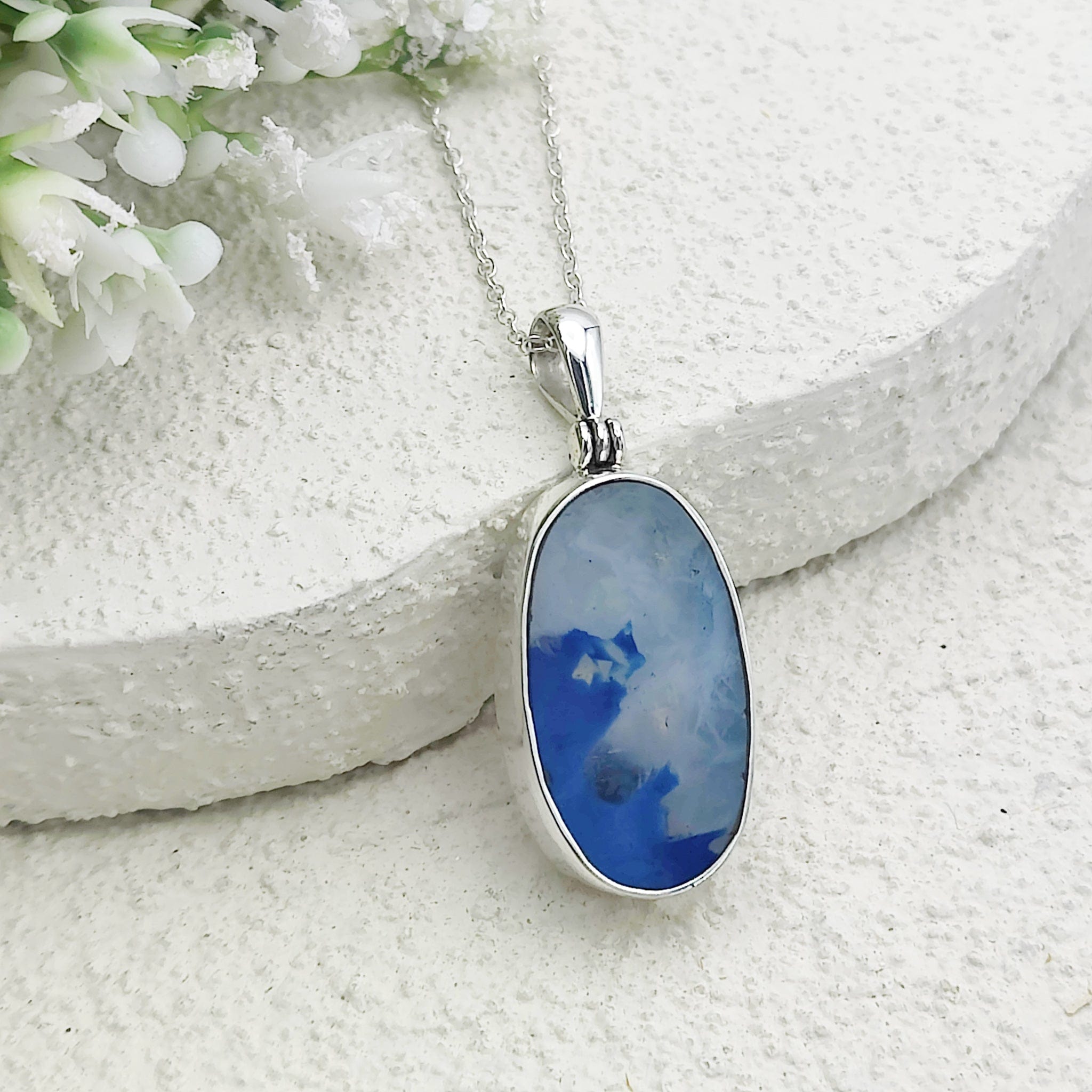 Hepburn and Hughes Blue Agate Pendant | 25mm Oval Gemstone | Sterling Silver