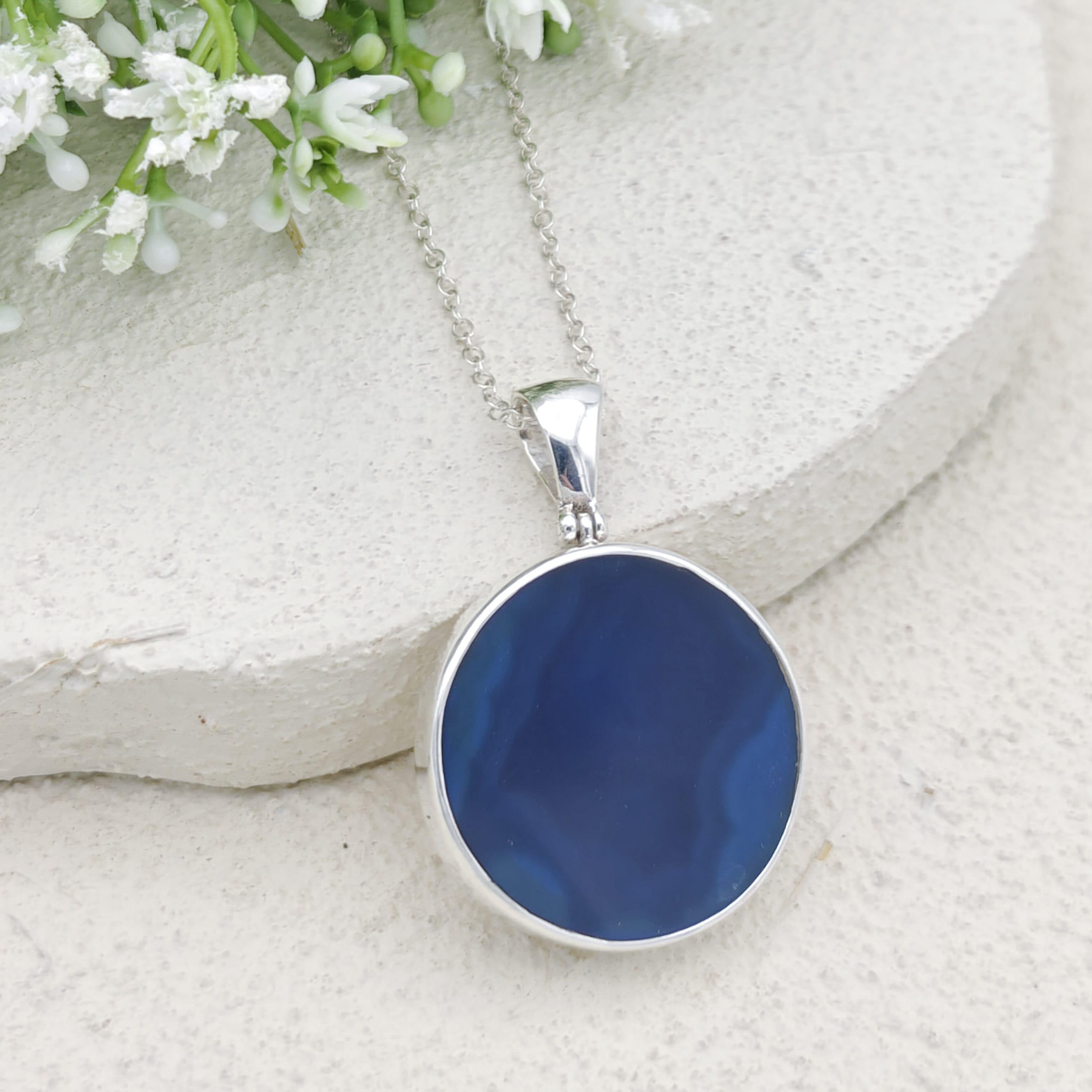 Hepburn and Hughes Blue Agate Pendant | 30mm Gemstone | Gemini Gift | Sterling Silver
