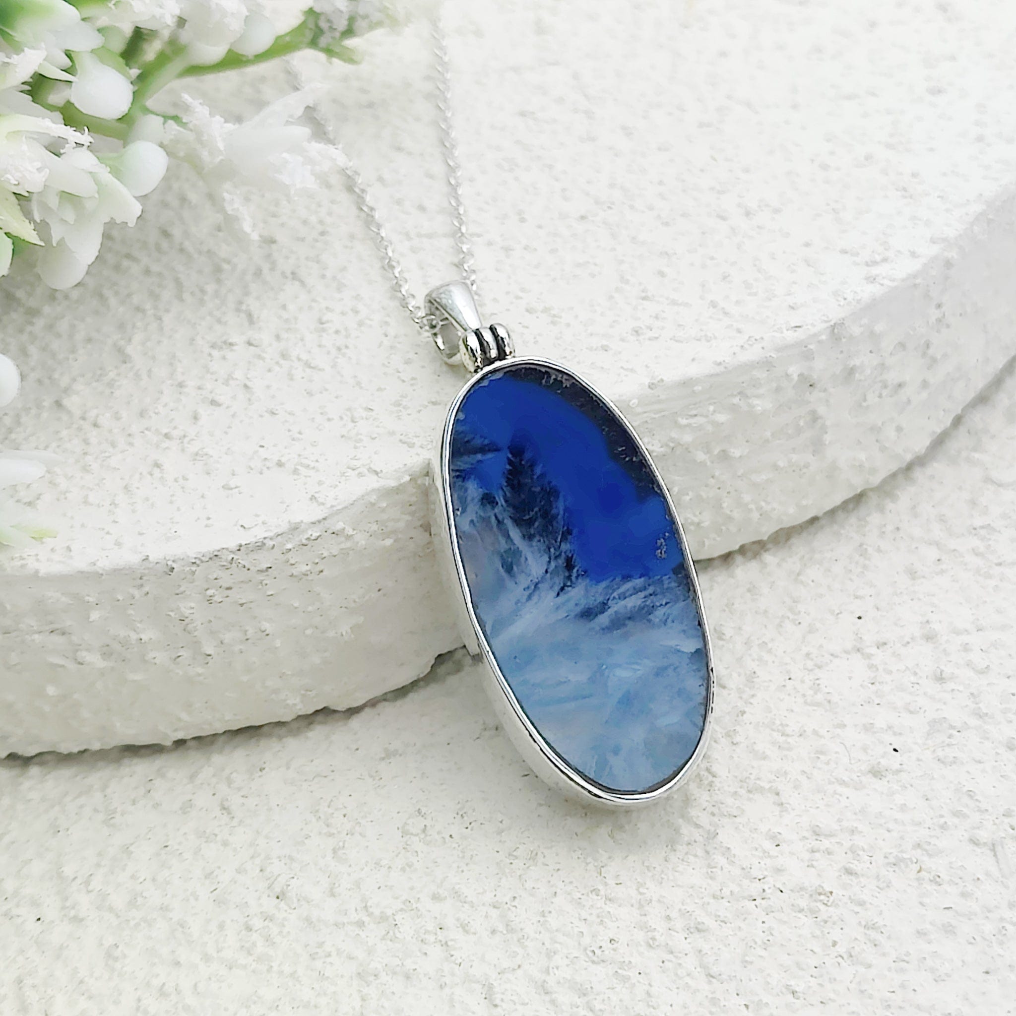 Hepburn and Hughes Blue Agate Pendant | 30mm Oval Gemstone | Gemini Gift | Sterling Silver