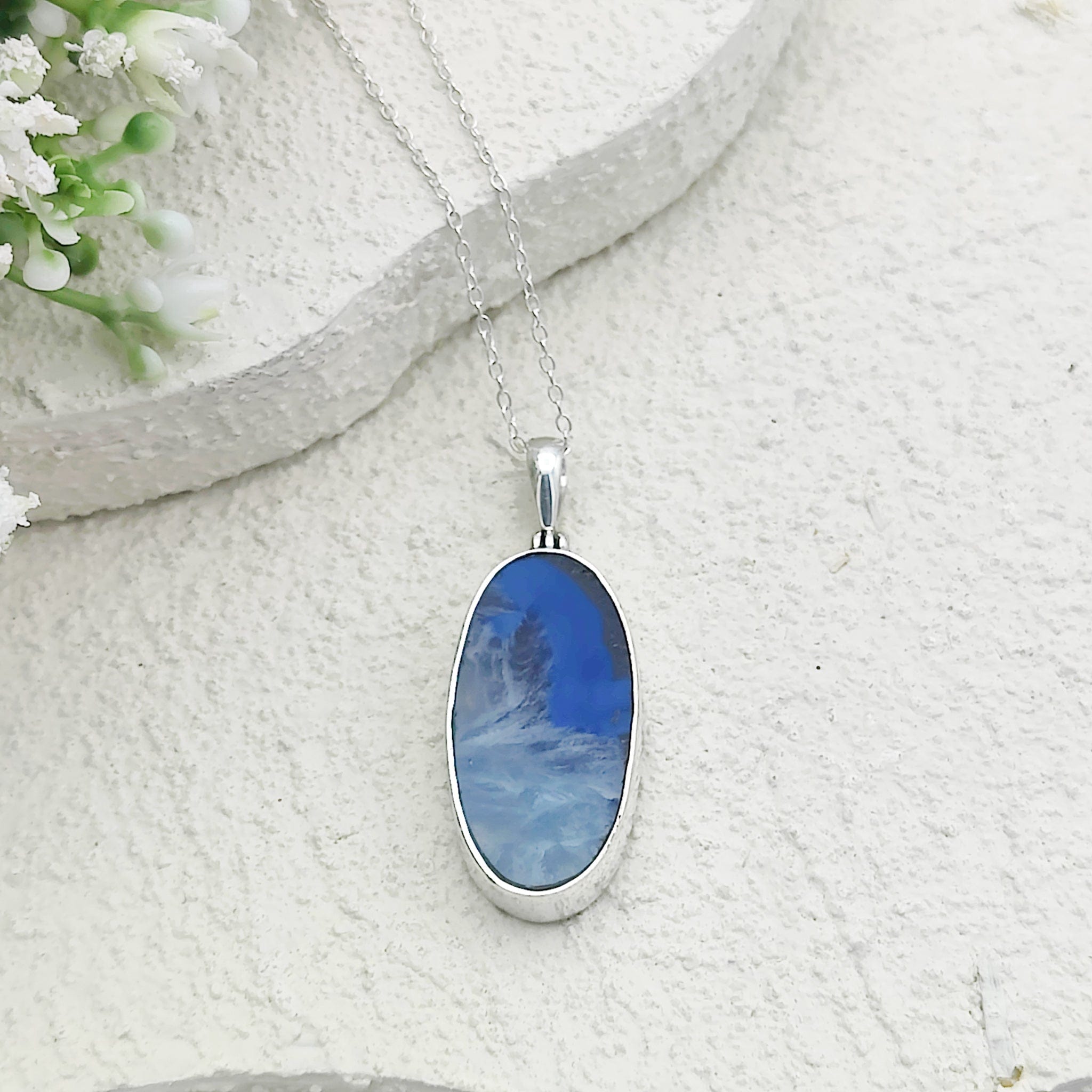 Hepburn and Hughes Blue Agate Pendant | 30mm Oval Gemstone | Gemini Gift | Sterling Silver