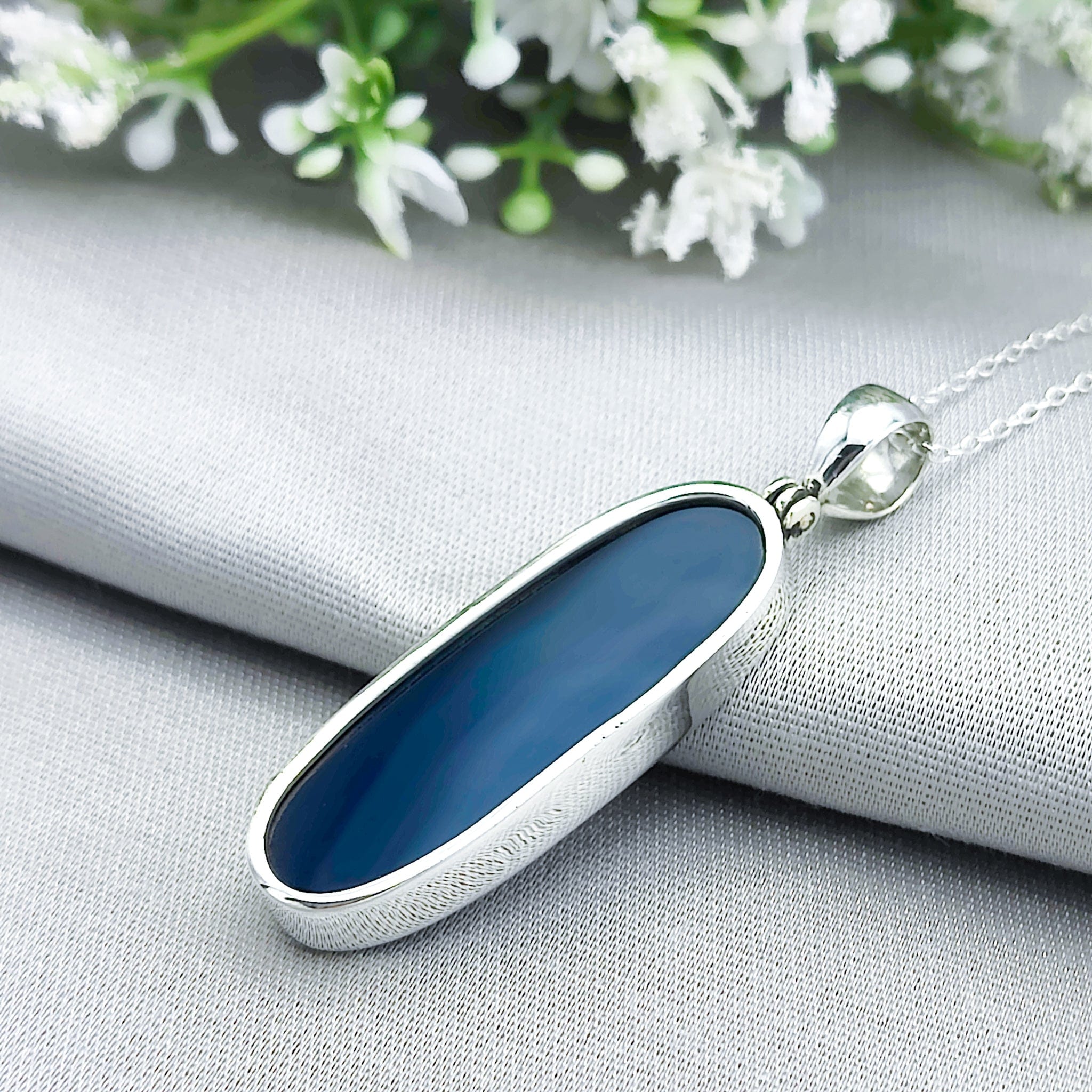 Hepburn and Hughes Blue Agate Pendant | Slim Oval Gemstone Necklace | Gemini Gift | Sterling Silver