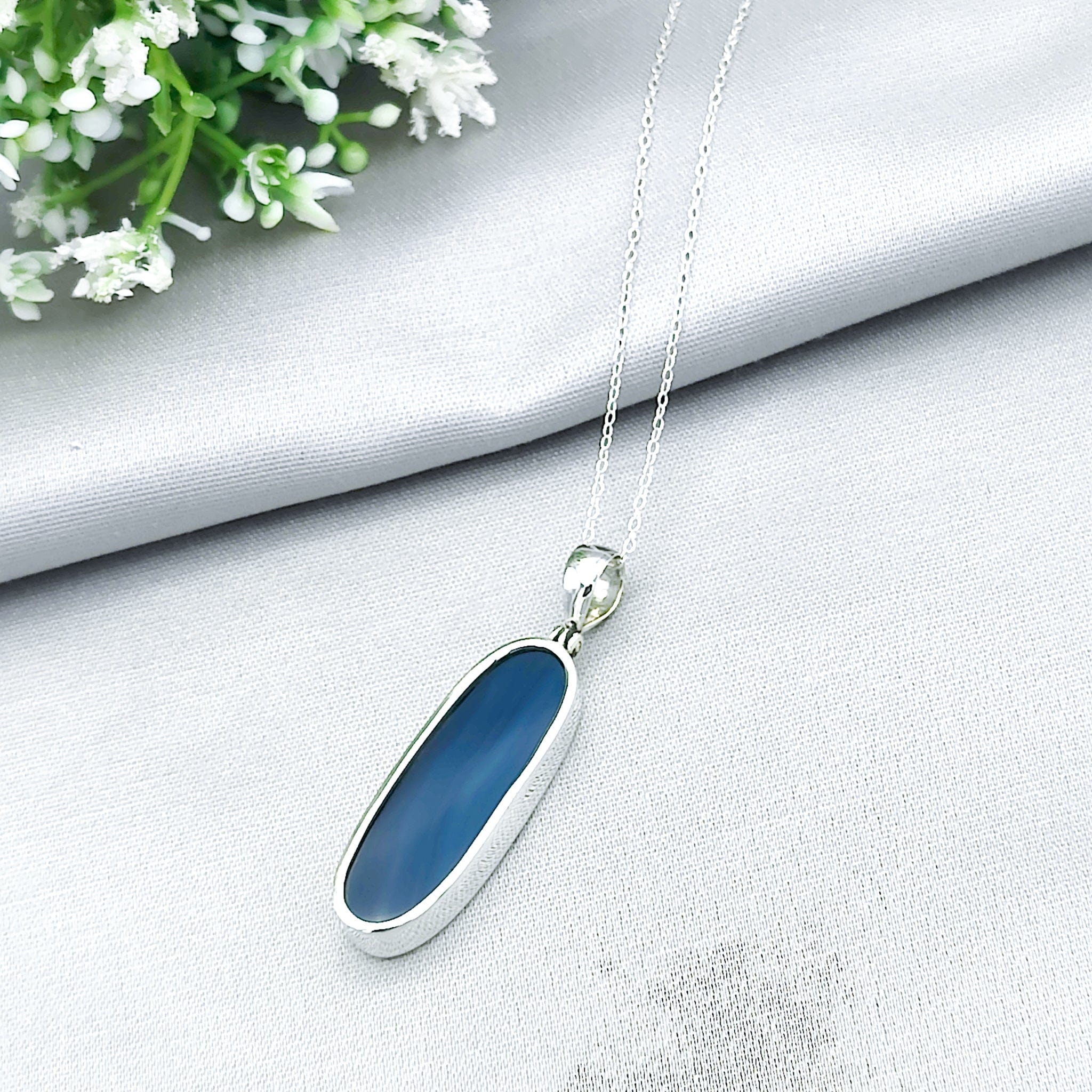 Hepburn and Hughes Blue Agate Pendant | Slim Oval Gemstone Necklace | Gemini Gift | Sterling Silver